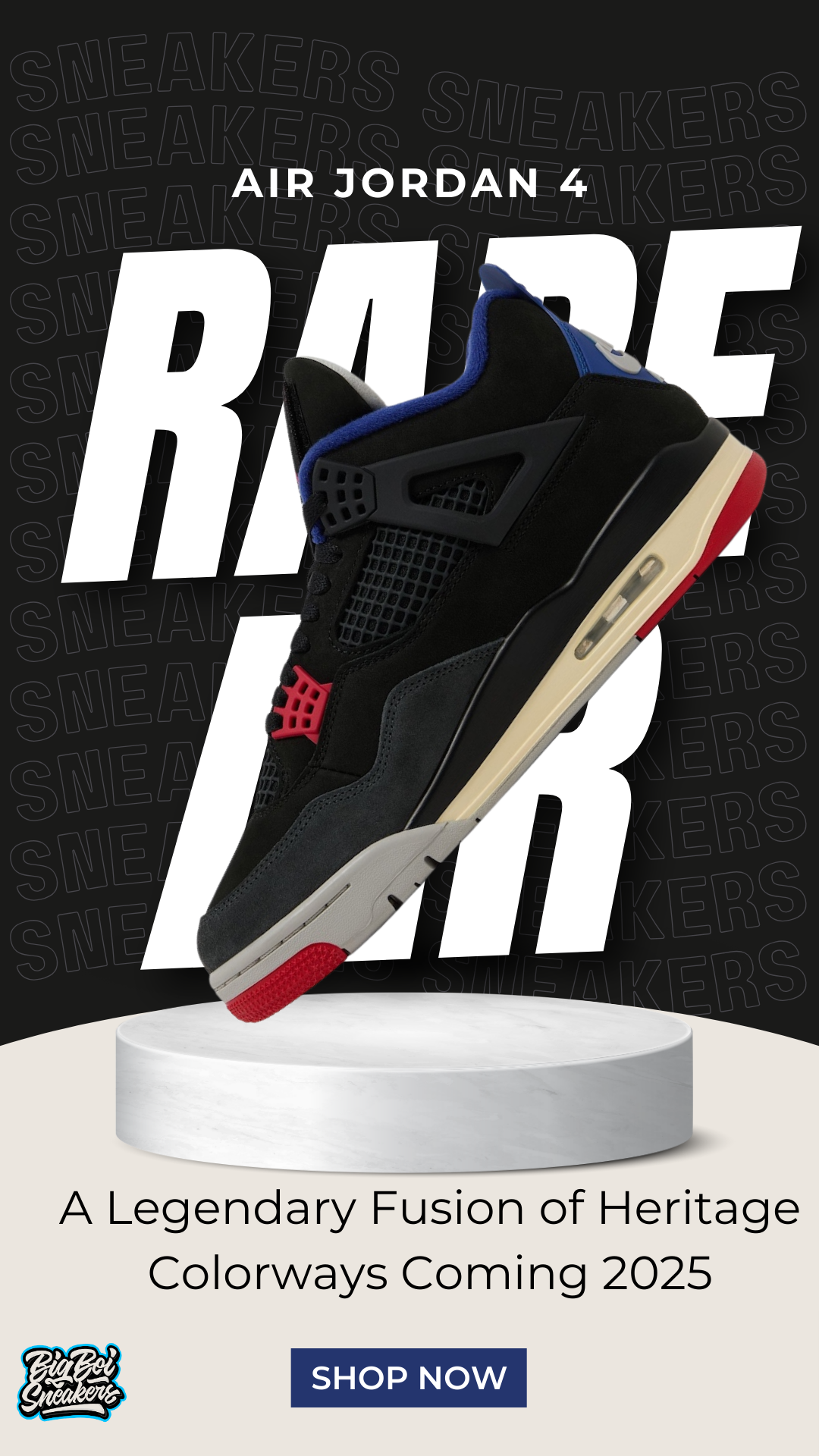 Air Jordan 4 'Rare Air' sneaker showcasing a fusion of heritage colorways, releasing in 2025.