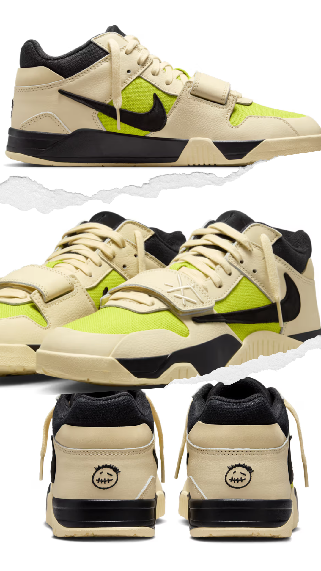 Travis Scott x Jordan Jumpman Jack 'Bright Cactus' sneakers in cream and neon green, showcasing multiple angles.