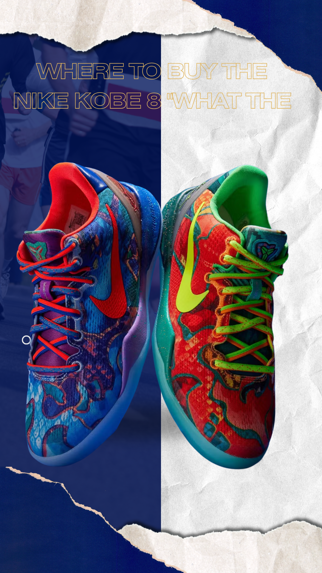 Colorful Nike Kobe 8 Protro 'What The' shoes featuring vibrant red and green designs.