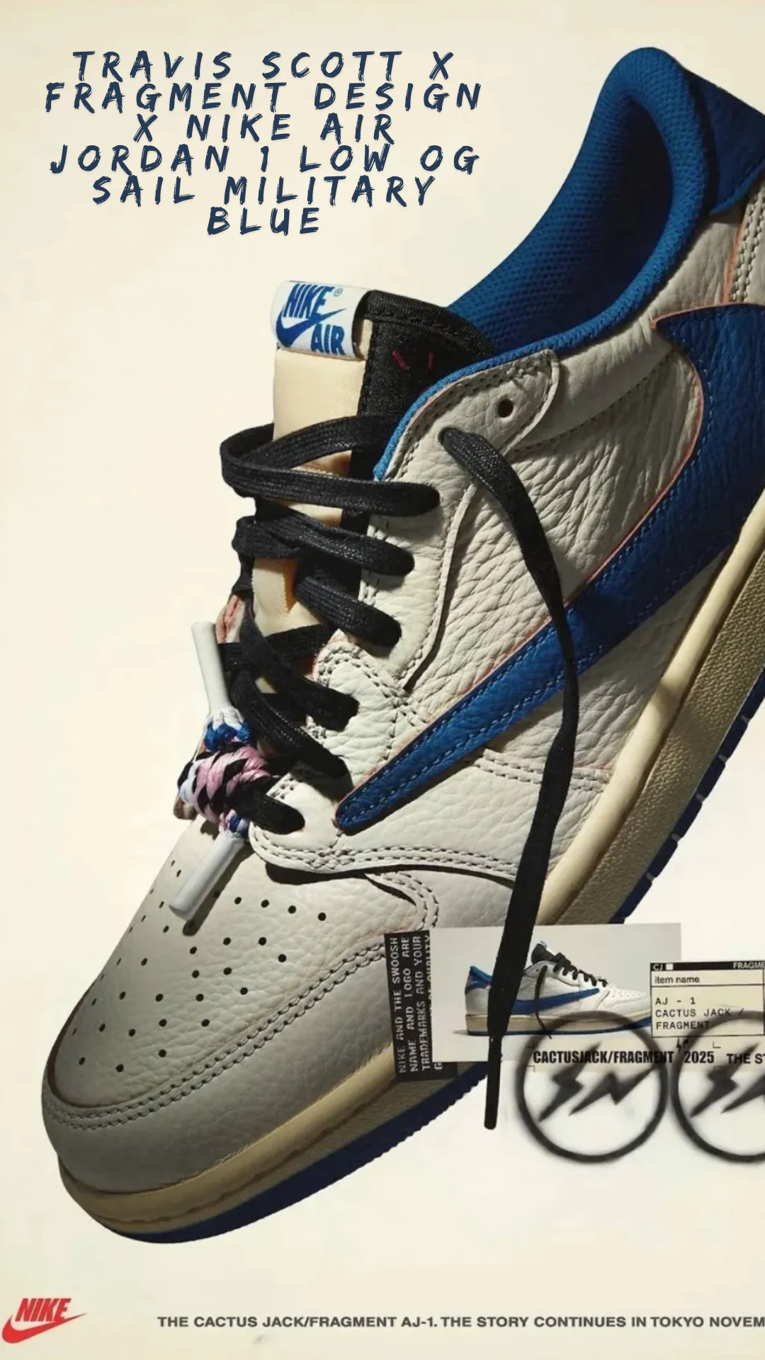 Travis Scott x Fragment x Air Jordan 1 Low: Sail/Military Blue Magic