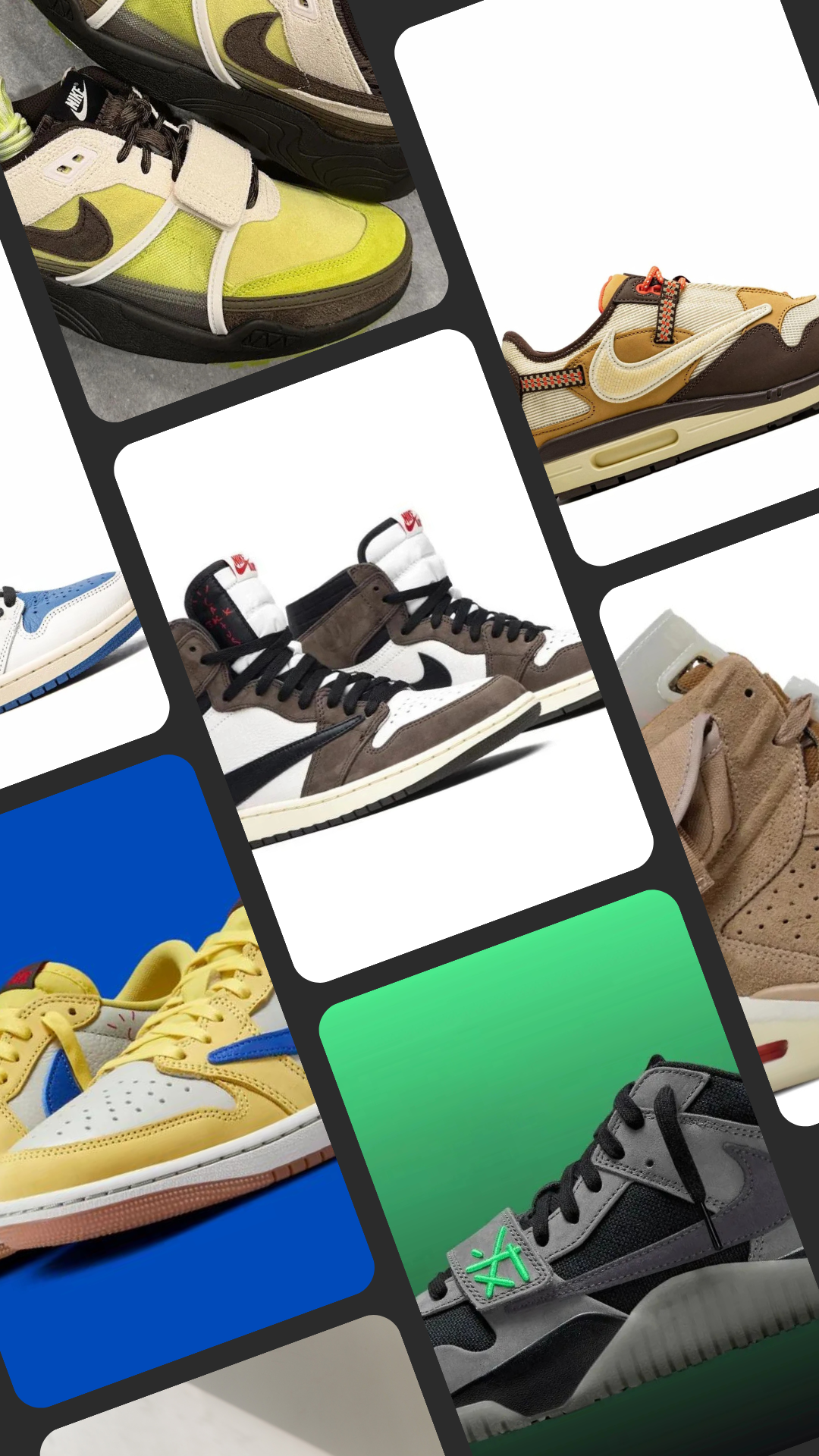 Collection of trendy sneakers showcasing collaborations influenced by Travis Scott.