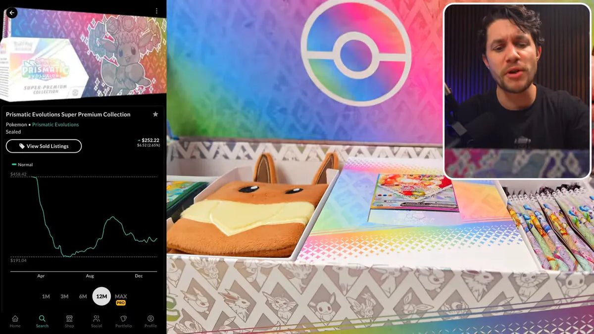Opened Prismatic Evolutions Super Premium Collection with Eevee accessories and booster packs
