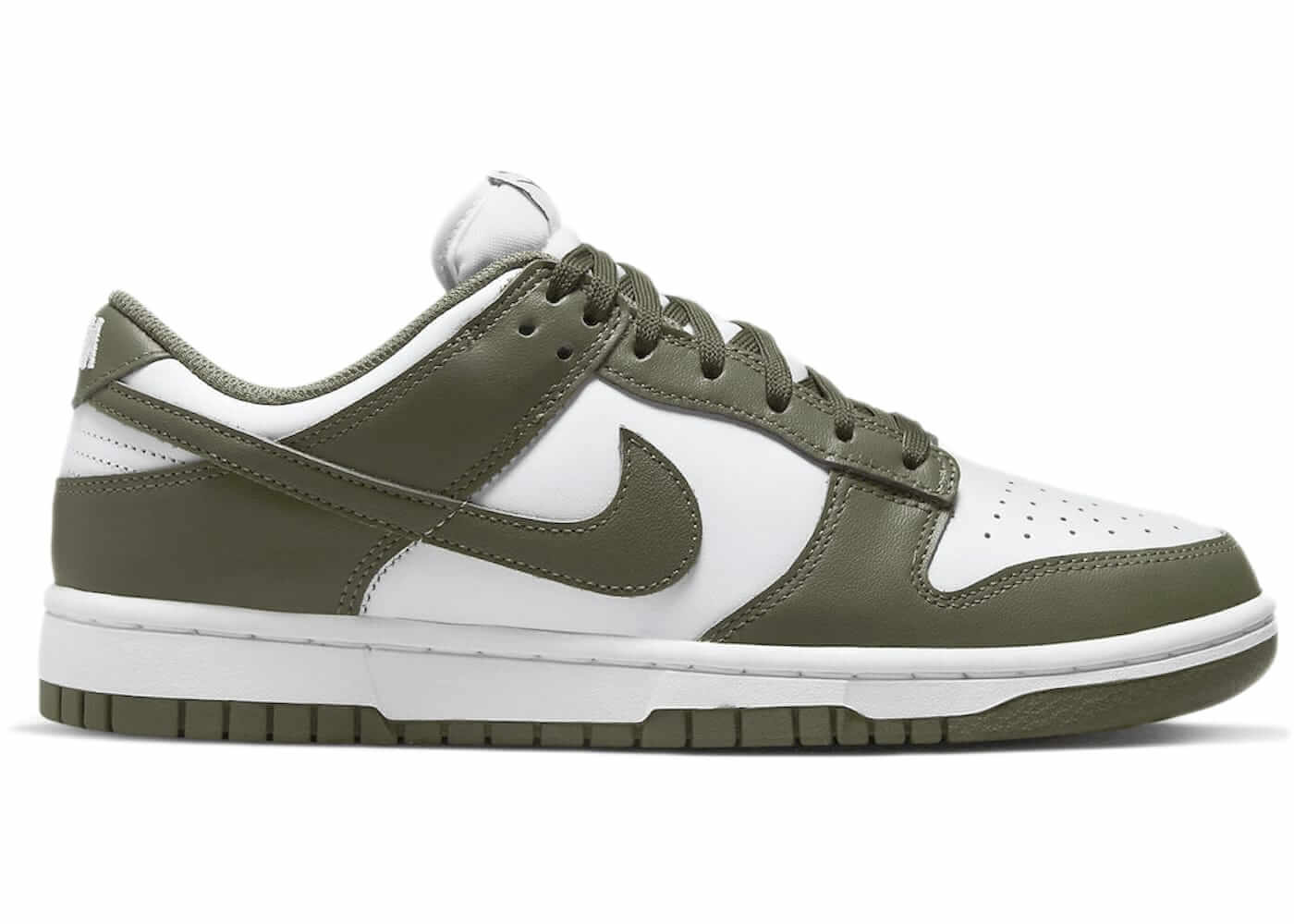 Nike Dunk Low Medium Olive women's sneaker featuring olive green and white leather design, brand new and authentic.