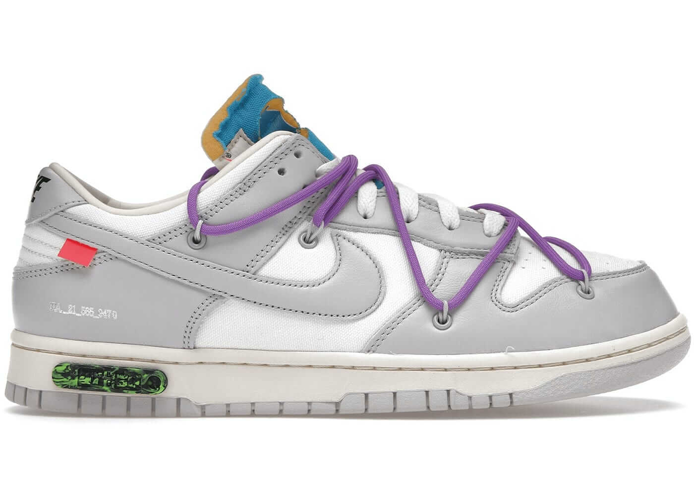 Nike Dunk Low Off-White Lot 47 in Neutral Grey and Sail with deconstructed design and vibrant laces.