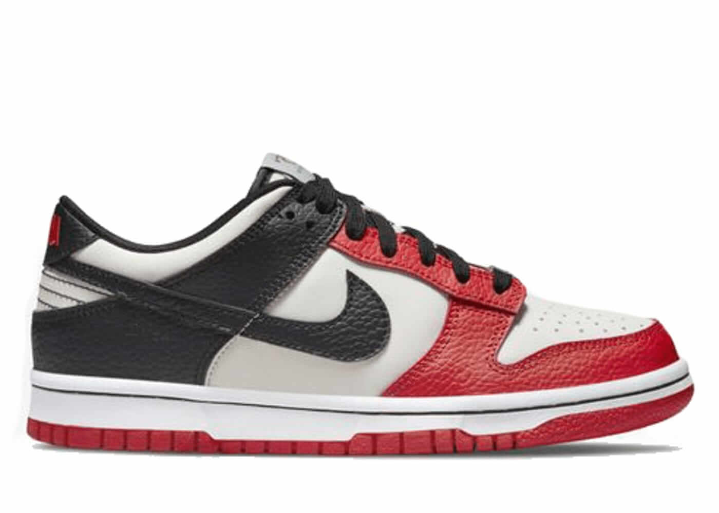 Nike Dunk Low EMB NBA 75th Anniversary Chicago sneakers in red, black, and white, ideal for kids, 100% authentic, next day shipping.