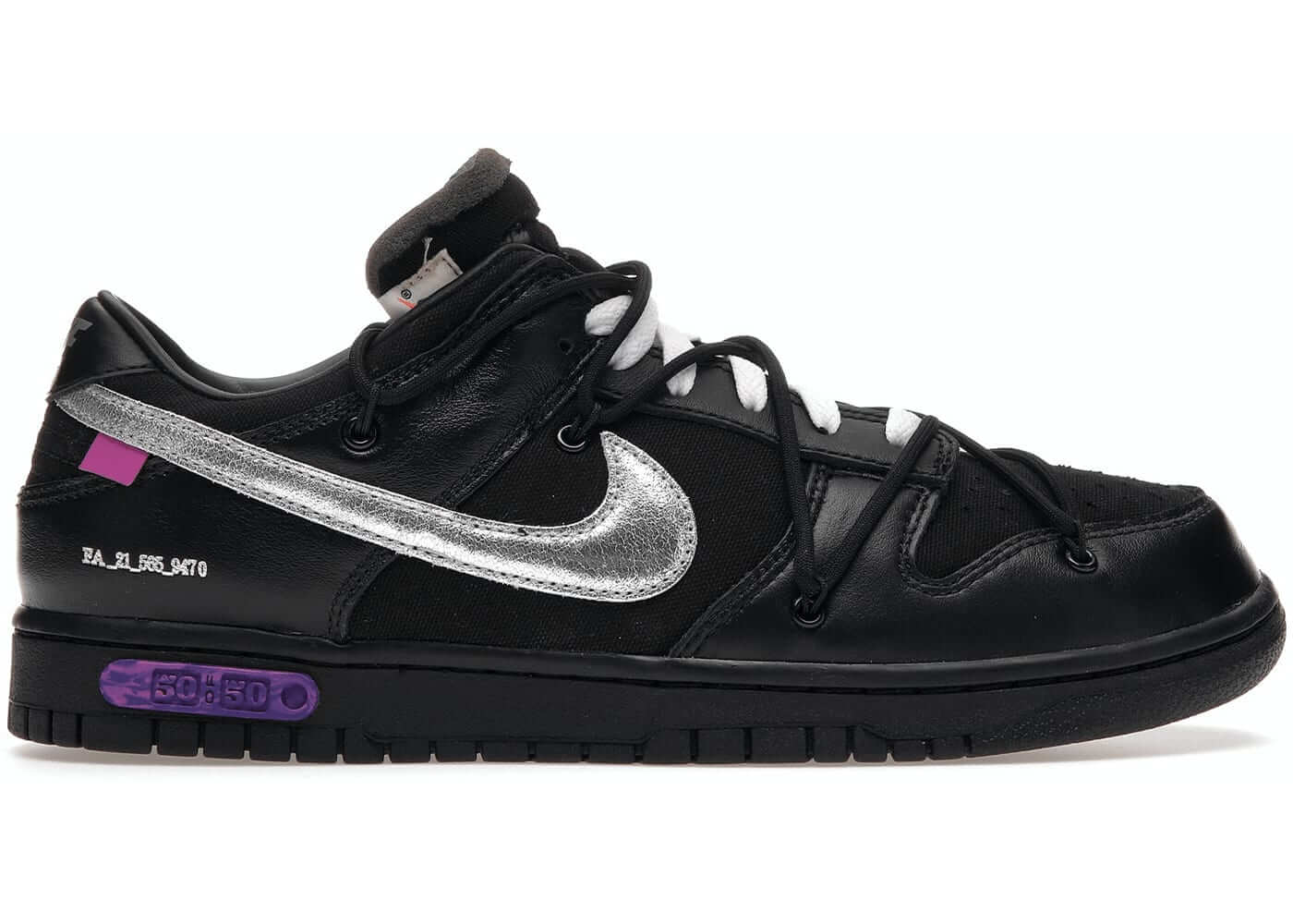 Nike Dunk Low Off-White Lot 50 in black canvas and leather with silver Swoosh and purple detailing.