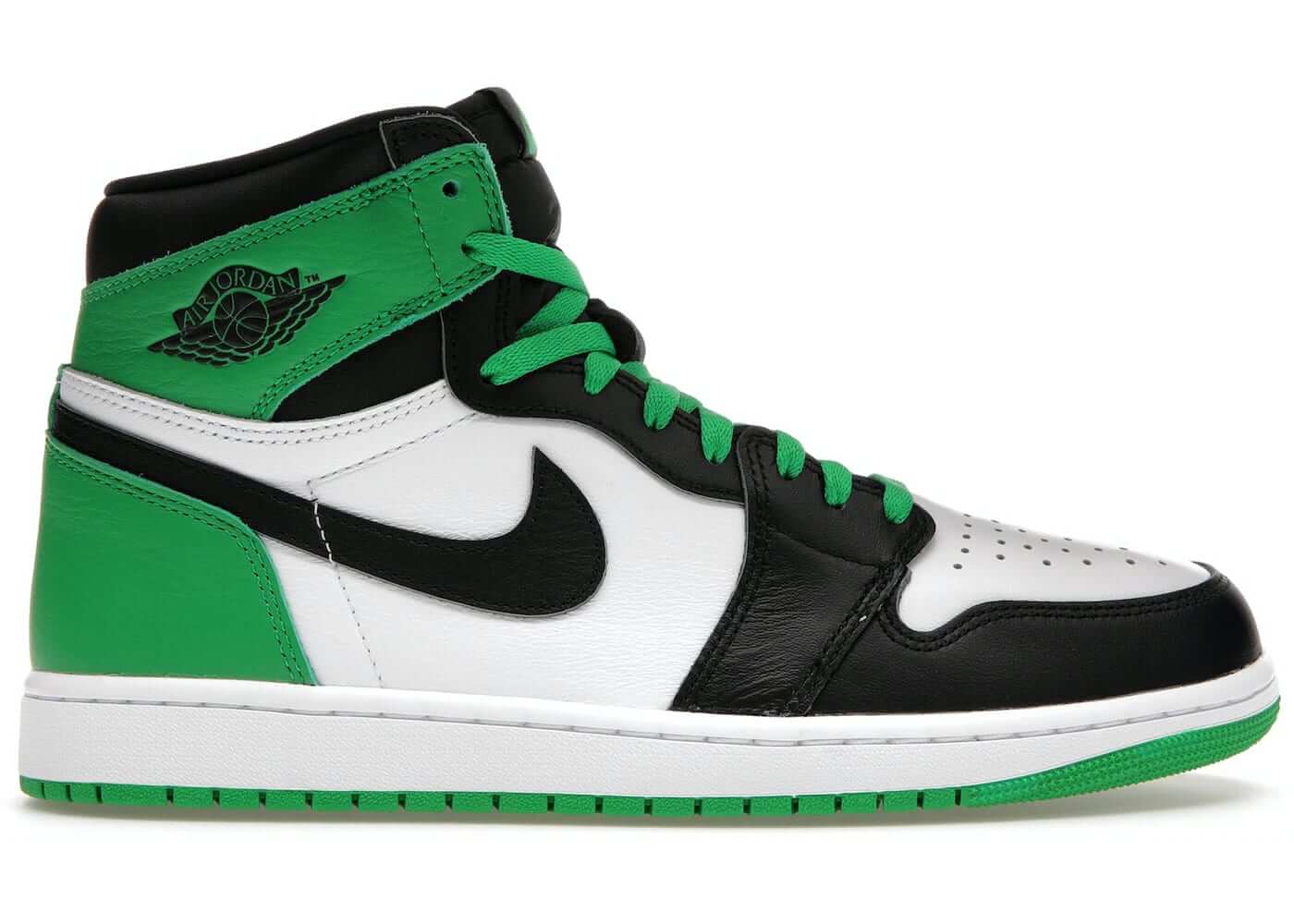 Jordan 1 Retro High OG Lucky Green sneaker featuring black, white, and green colorway with classic design.
