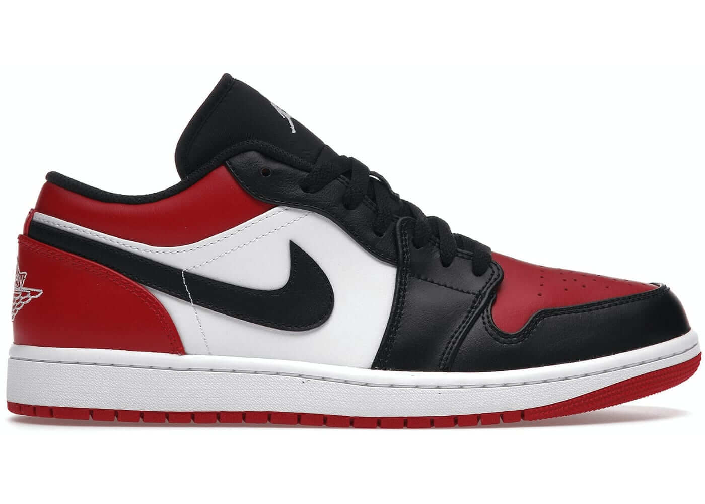 Jordan 1 Low Bred Toe sneakers in black, red, and white, 100% authentic, next day express shipping available.