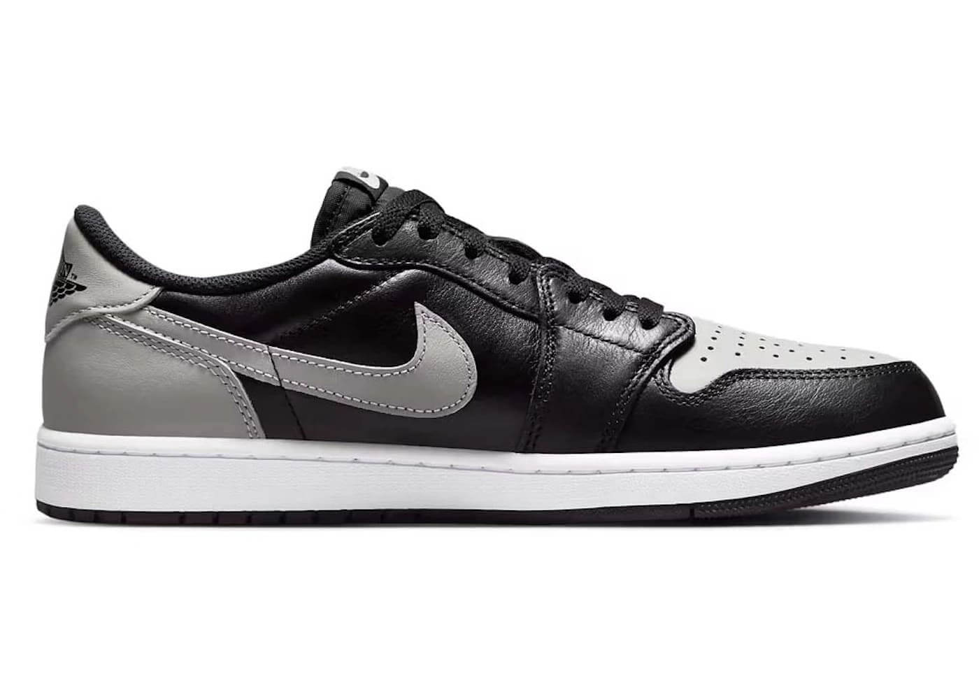 Jordan 1 Retro Low OG Shadow sneakers in black and grey, featuring iconic design and 100% authentic craftsmanship.