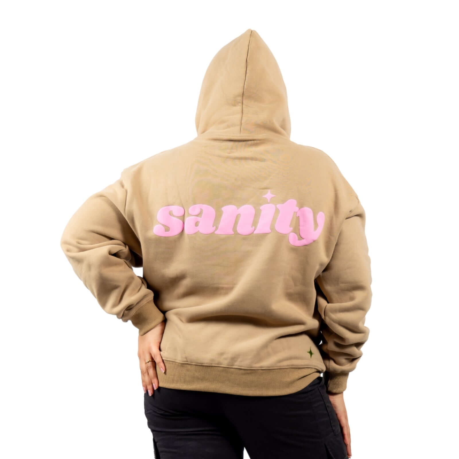 Brown Sanity hoodie with vibrant pink print on back, showcasing unisex style and luxury fabric.