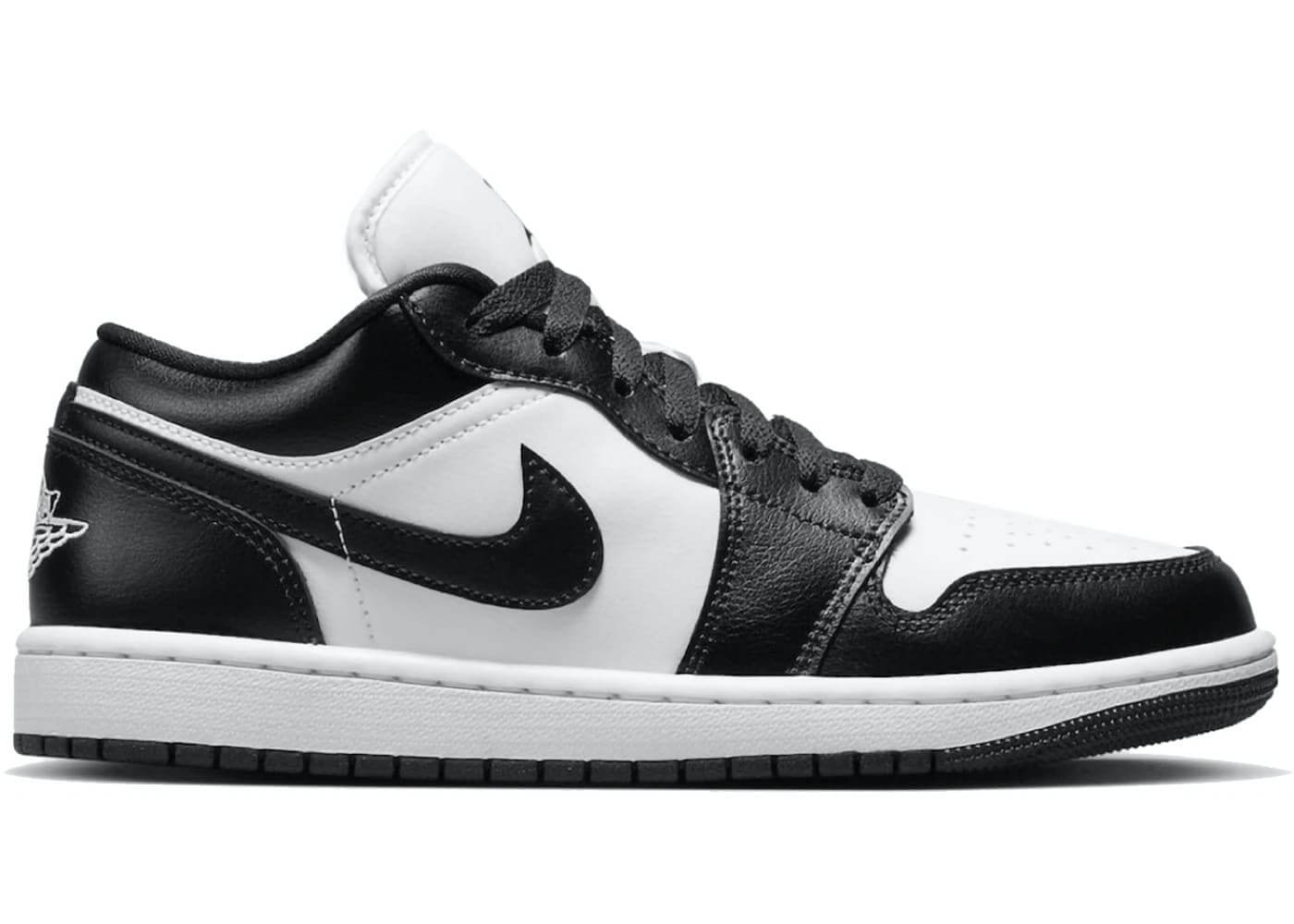 Jordan 1 Low Panda women's sneakers in black and white, featuring leather upper, iconic Nike branding, and low-top design.