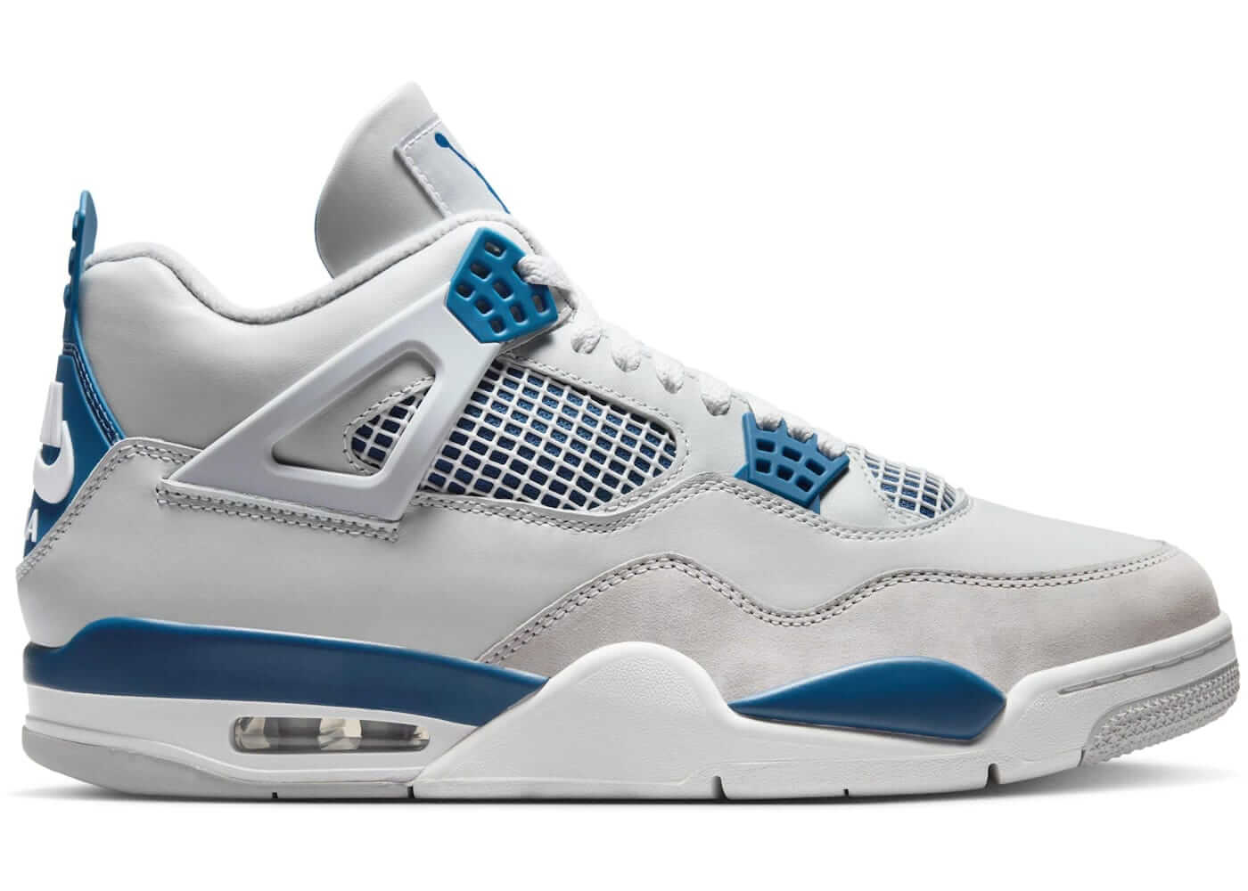 Jordan 4 Retro Military Blue (2024) sneaker in grey and blue, Brand New, 100% Authentic, available for next day express shipping.