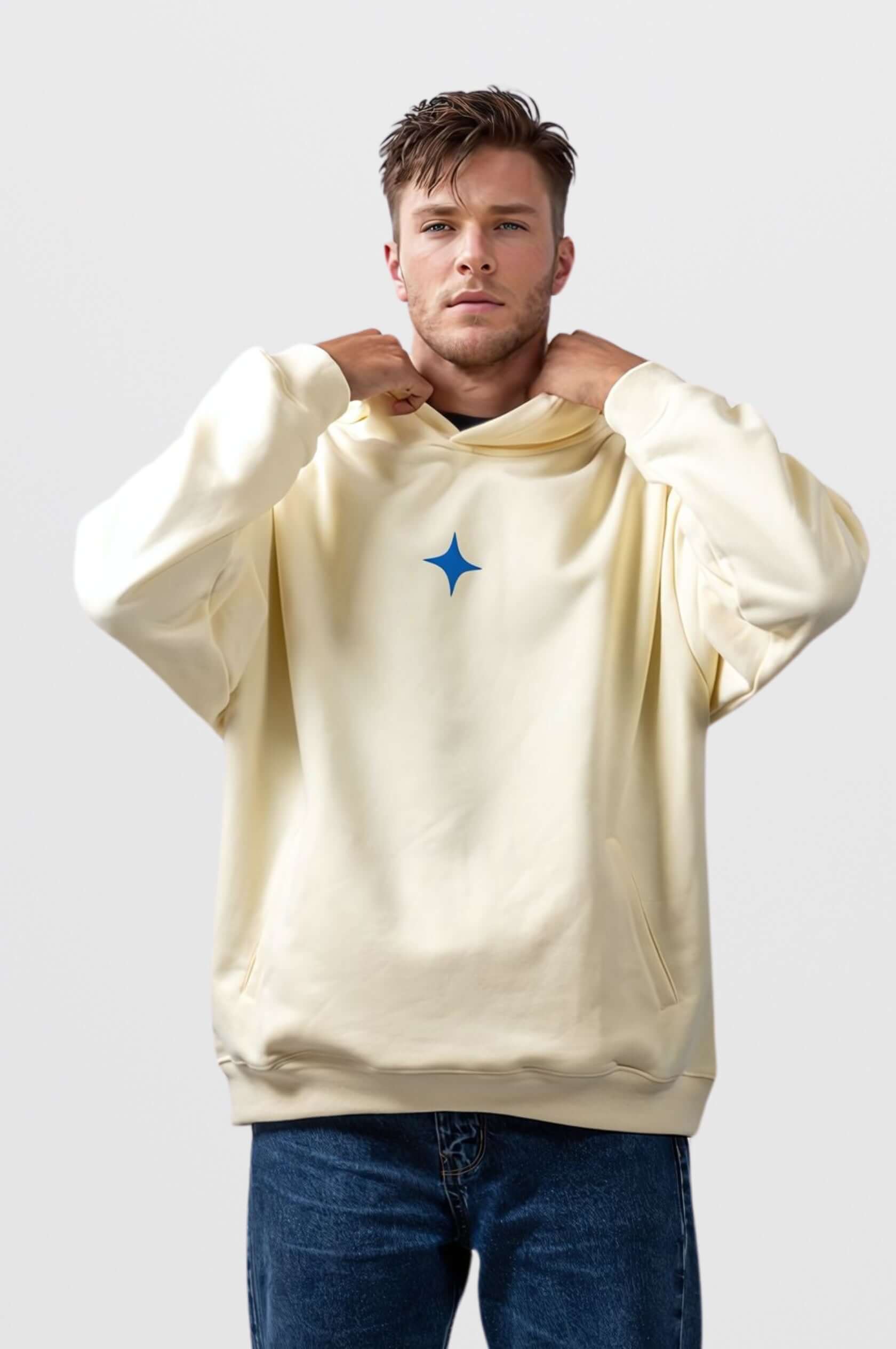 Cream Sanity Fragment Hoodie with blue print, unisex oversized fit, and signature embroidery for style and comfort.