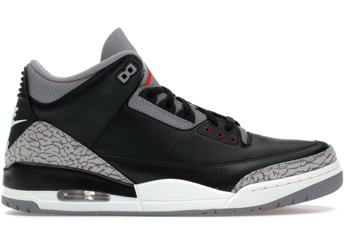 Jordan 3 Retro OG Black Cement sneakers in black leather with gray and white accents, showcasing iconic design features.