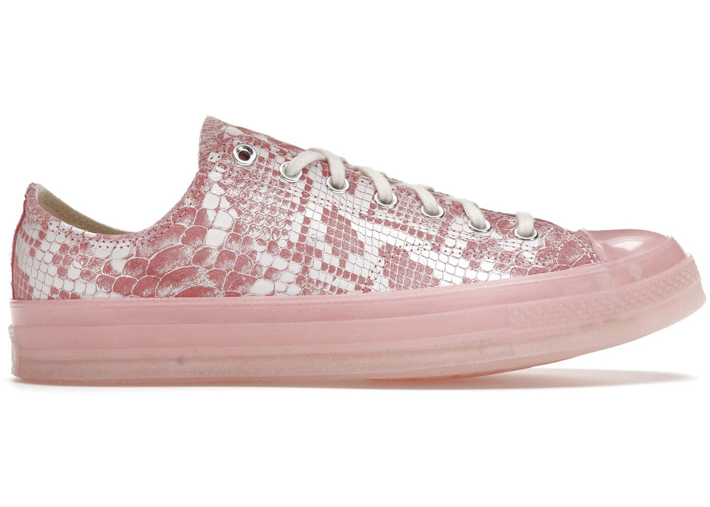 Converse Chuck Taylor All Star 70 Ox Golf Wang Python Pink sneakers with a glossy pink sole and snake print design.