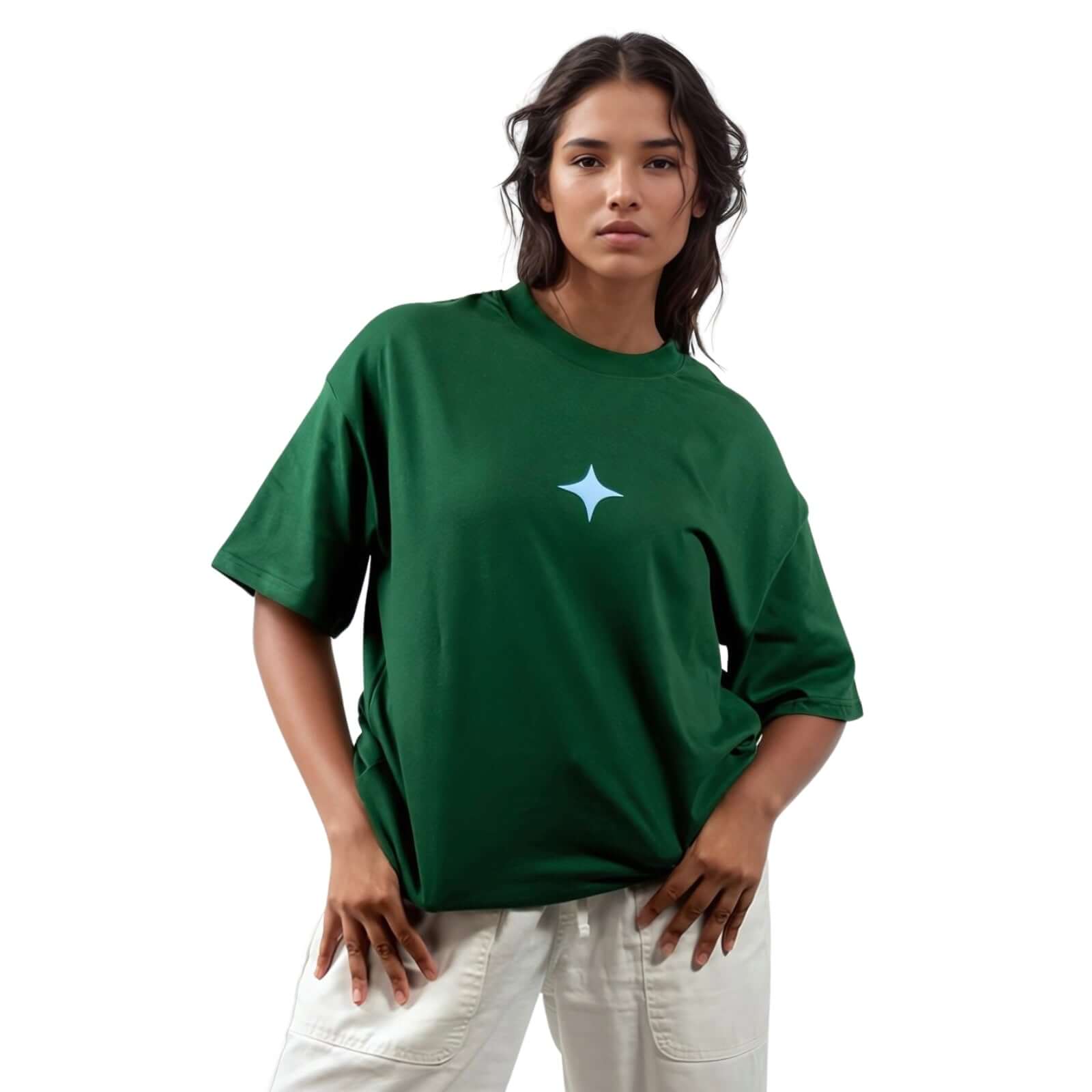 Model wearing a forest green unisex tee with a light blue print and relaxed fit, showcasing modern style and comfort.