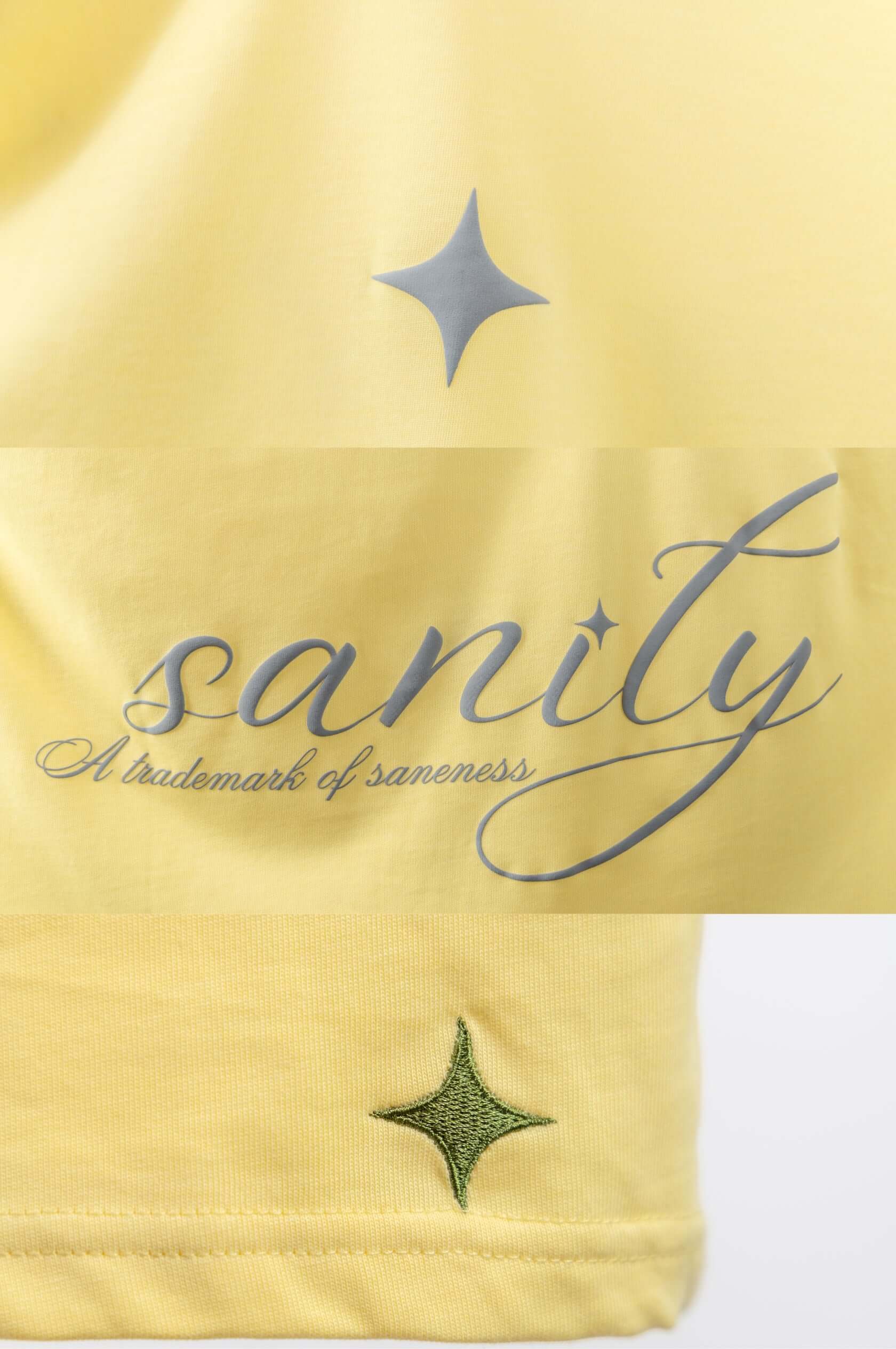 Close-up of Sanity yellow tee with grey print and green embroidered stars, showcasing stylish design and comfort.