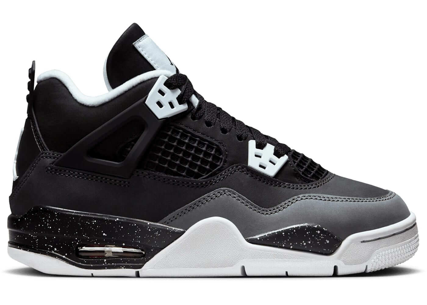 Jordan 4 Retro Fear (2024) GS sneaker in black and grey with white accents, showcasing its stylish design.