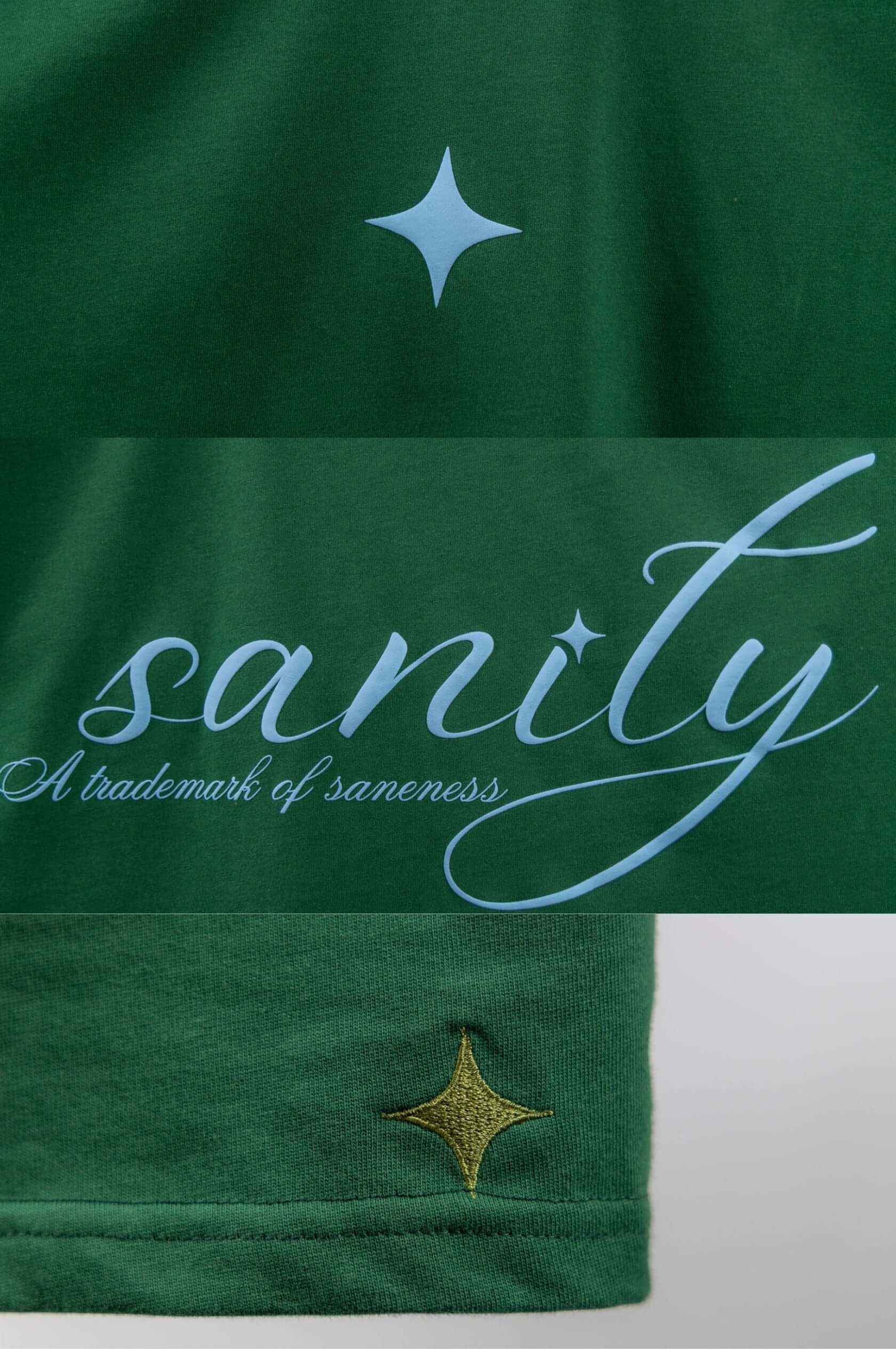 Forest green tee with light blue and gold star prints and signature Sanity embroidery detail.