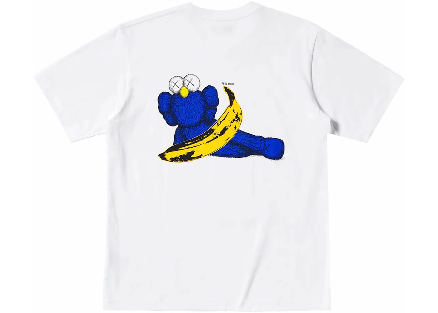 KAWS x Uniqlo Warhol graphic t-shirt featuring blue character and banana design on the back in white.