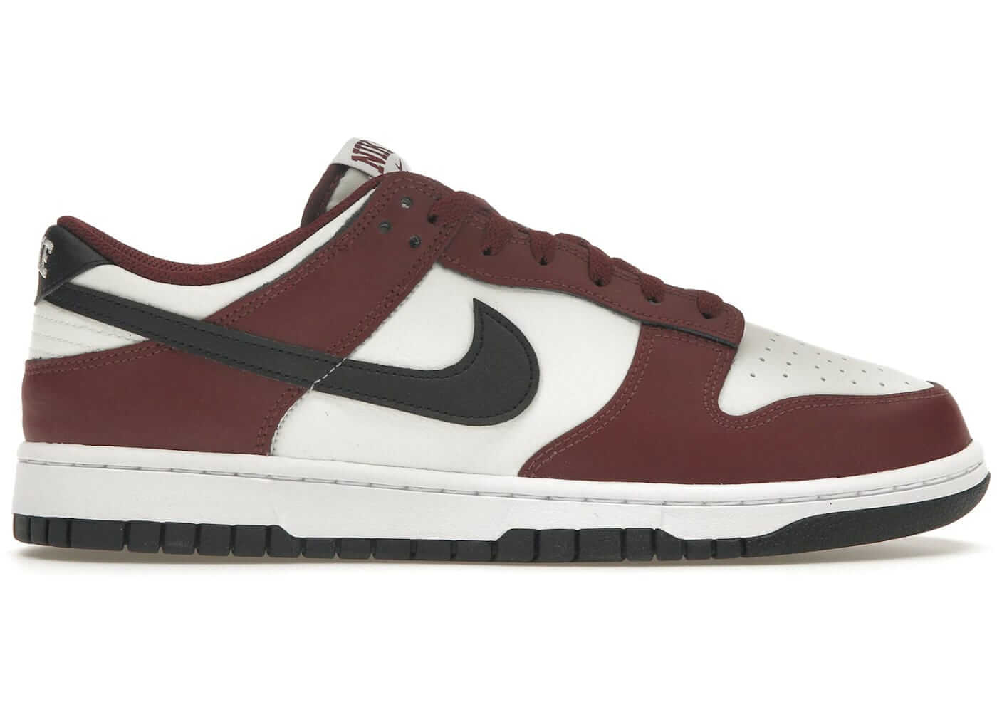 Nike Dunk Low Dark Team Red Black sneaker side view, featuring a maroon and black design, stylish and brand new.