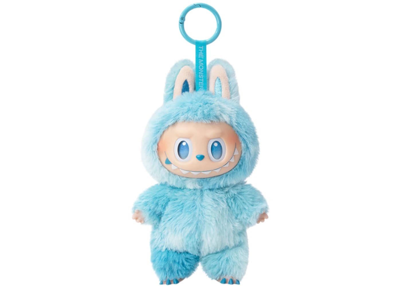 Pop Mart Labubu plush pendant in blue, featuring adorable features and a keychain loop for easy attachment.