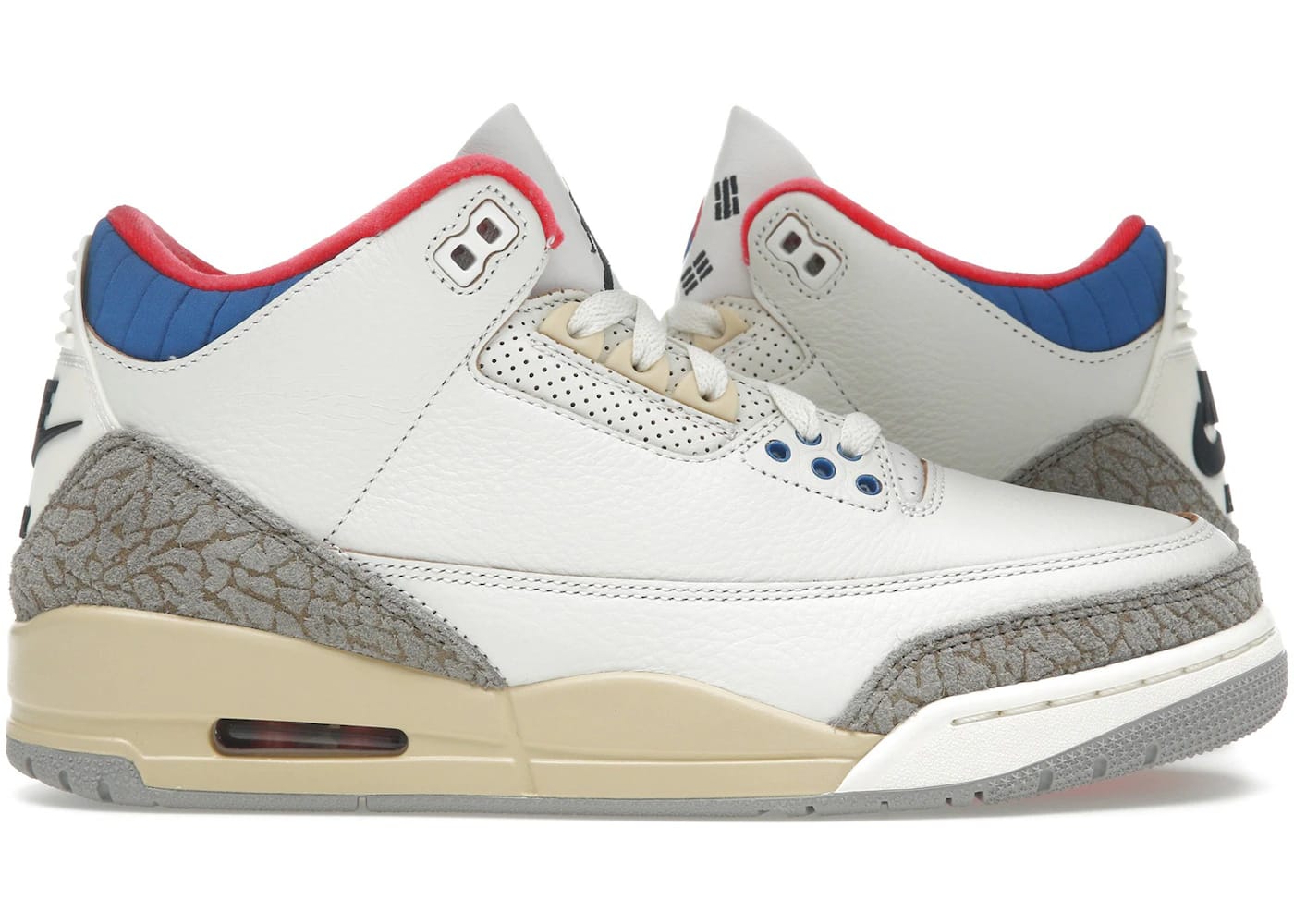 Jordan 3 Retro Seoul 2.0 sneakers with white leather, suede elephant print, and red, blue accents honoring Korean culture.
