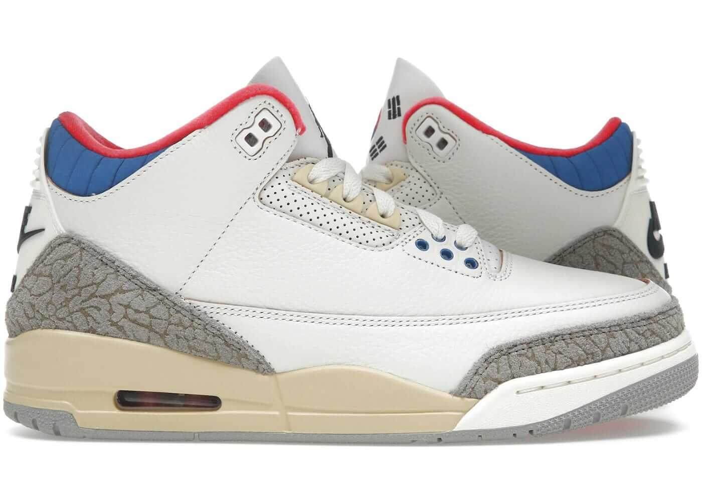 Jordan 3 Retro Seoul 2.0 sneakers with white leather, suede elephant print, and red, blue accents honoring Korean culture.
