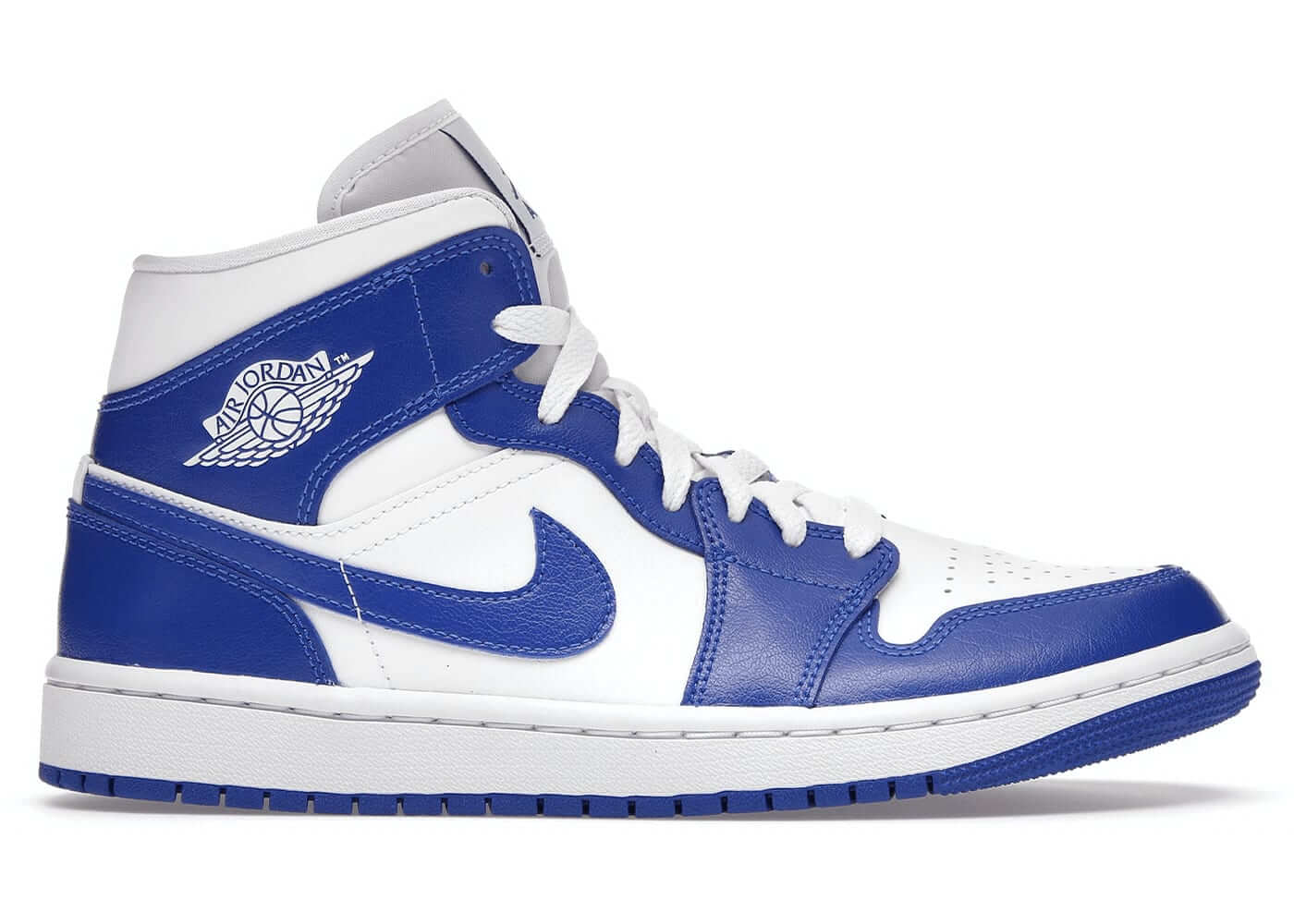 Jordan 1 Mid Kentucky Blue for women, featuring blue and white design, stylish and sporty sneaker.