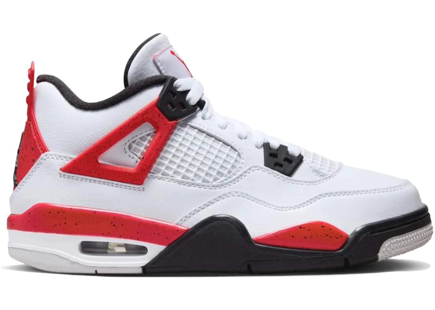 Jordan 4 Retro Red Cement (GS) sneakers, featuring a white, red, and black design, 100% authentic, next day shipping available.