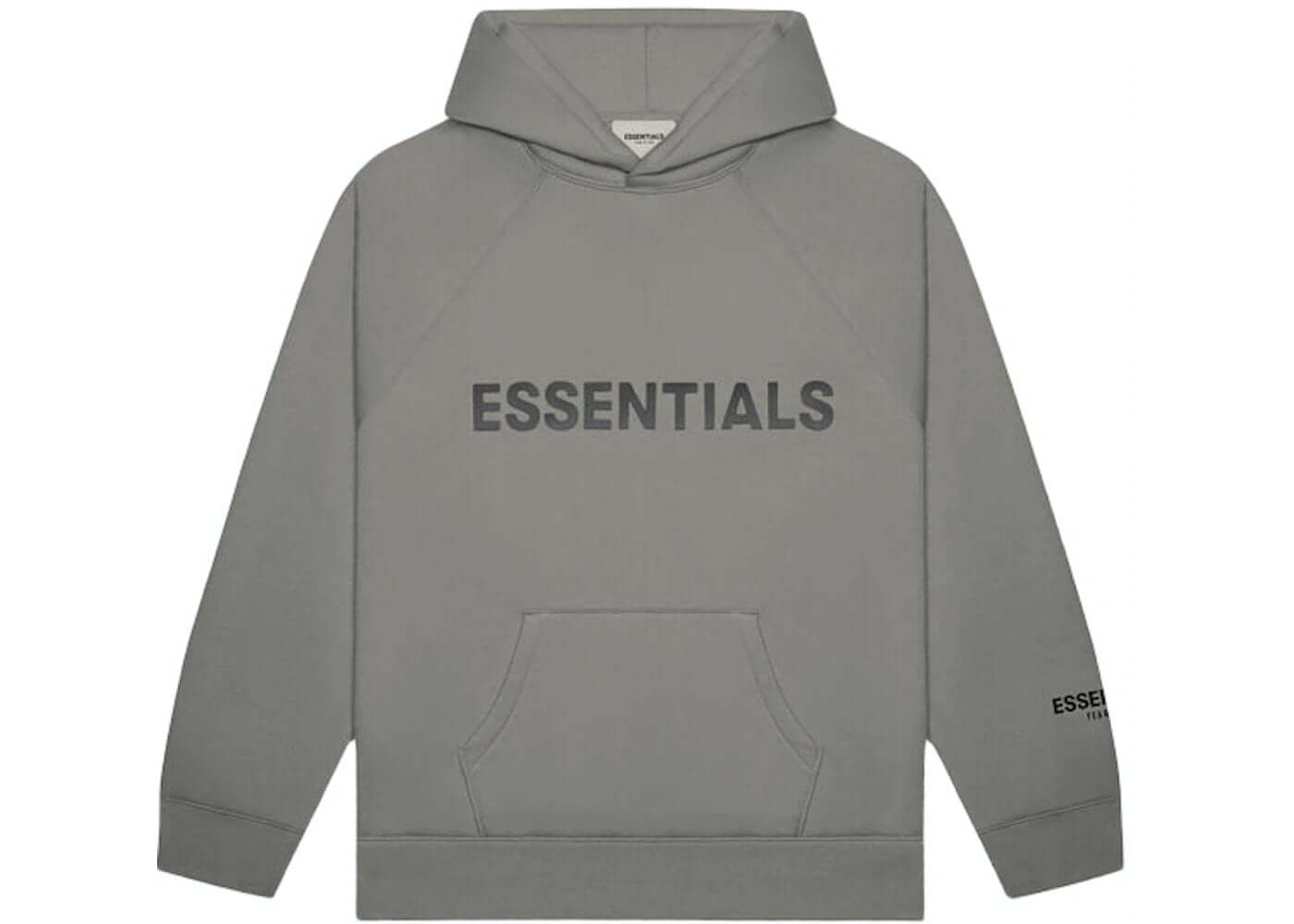 Fear of God Essentials pullover hoodie in gray flannel charcoal with large ESSENTIALS logo on chest and sleeve.
