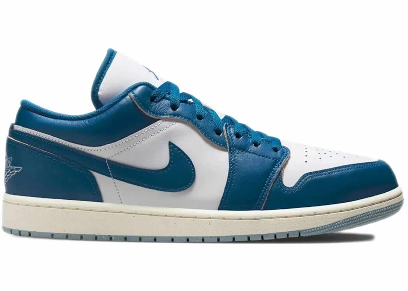 Jordan 1 Low Industrial Blue sneaker side view, featuring white leather and blue accents, 100% authentic, available for next-day shipping.