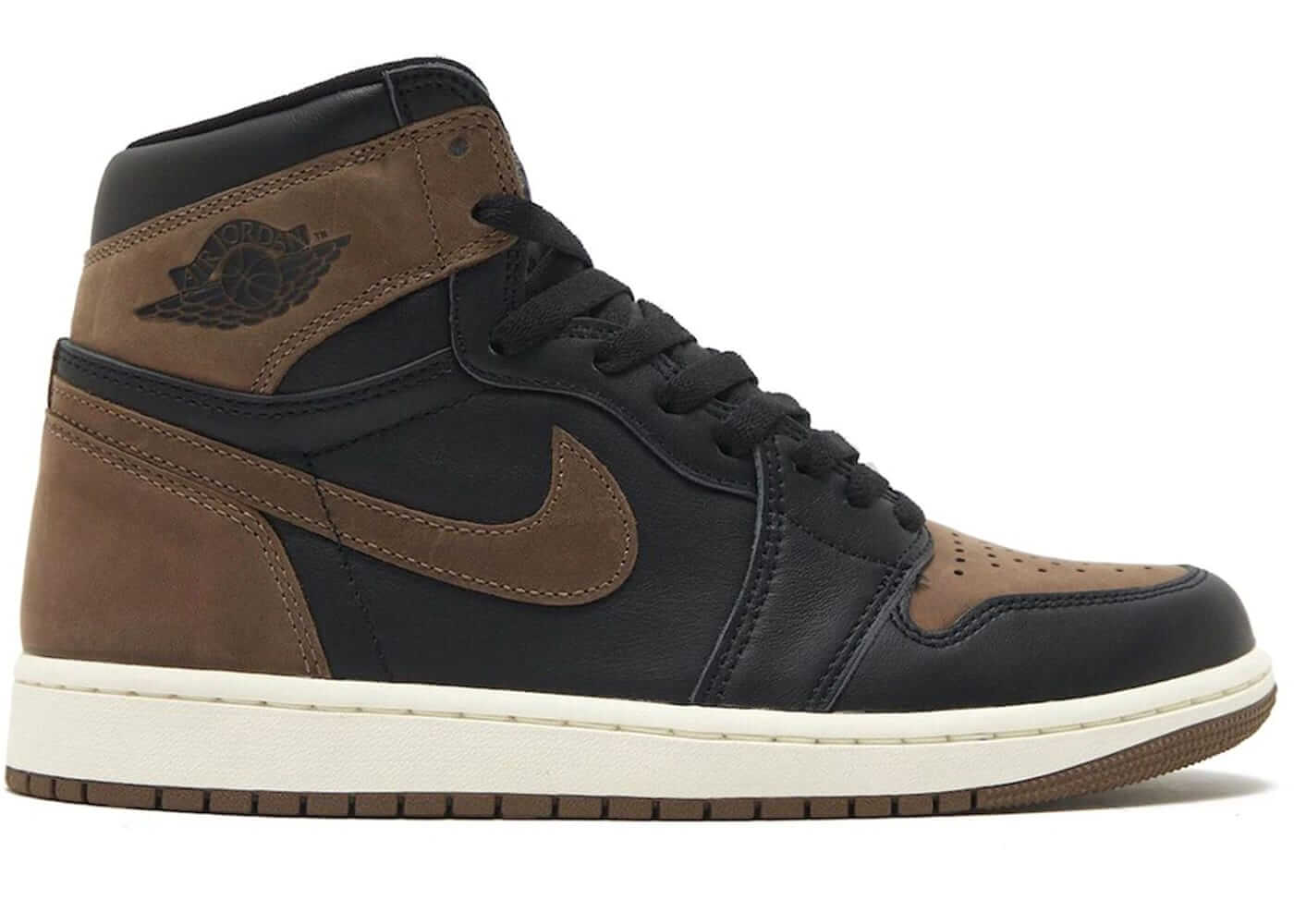 Jordan 1 Retro High OG Palomino sneaker in black and brown, 100% authentic, available with next day express shipping.