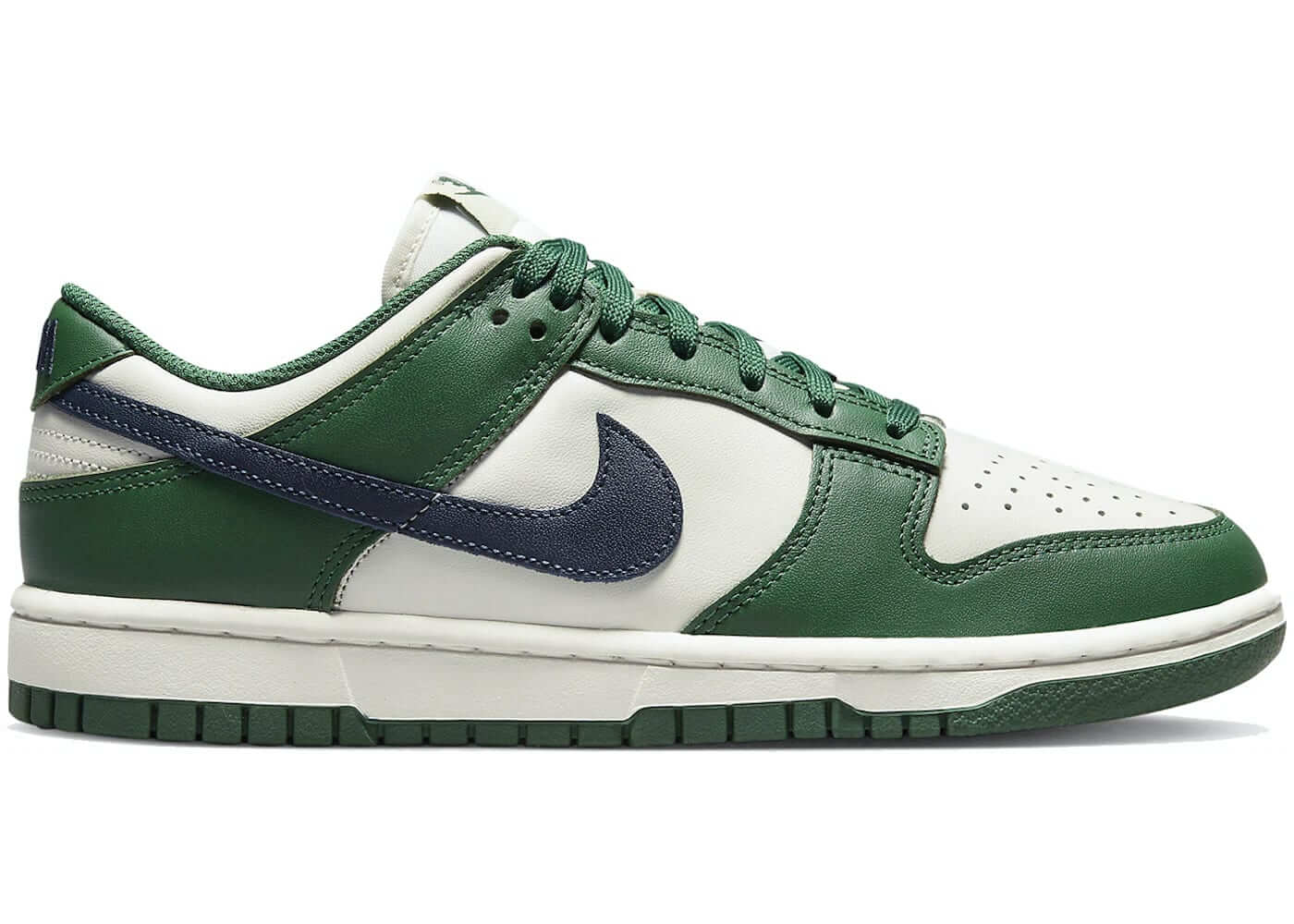 Nike Dunk Low Gorge Green women's sneaker in green and cream, featuring classic design and durable materials.
