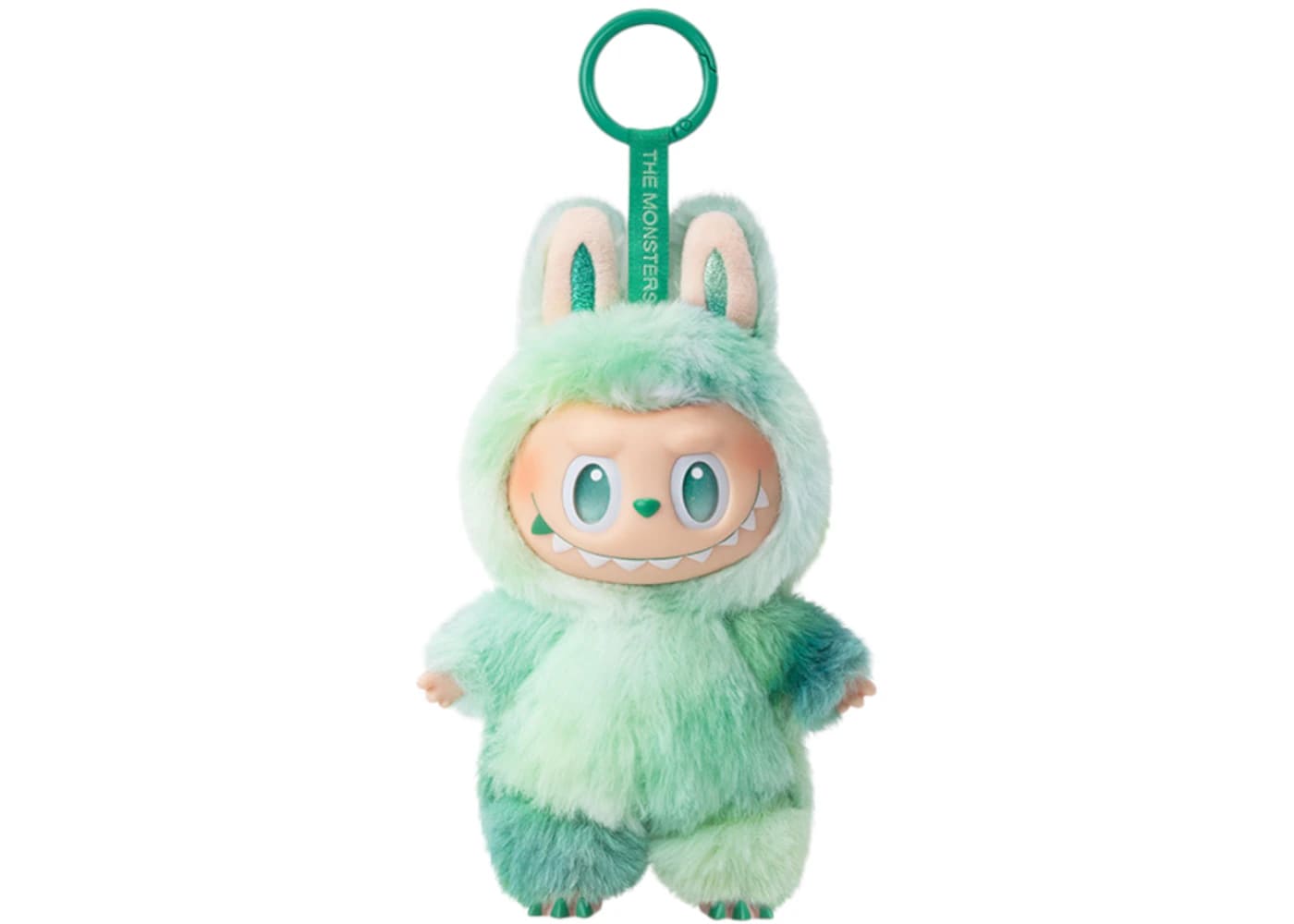 Pop Mart Labubu Vinyl Plush Pendant featuring a cute creature in a fuzzy green outfit with cheerful expression.
