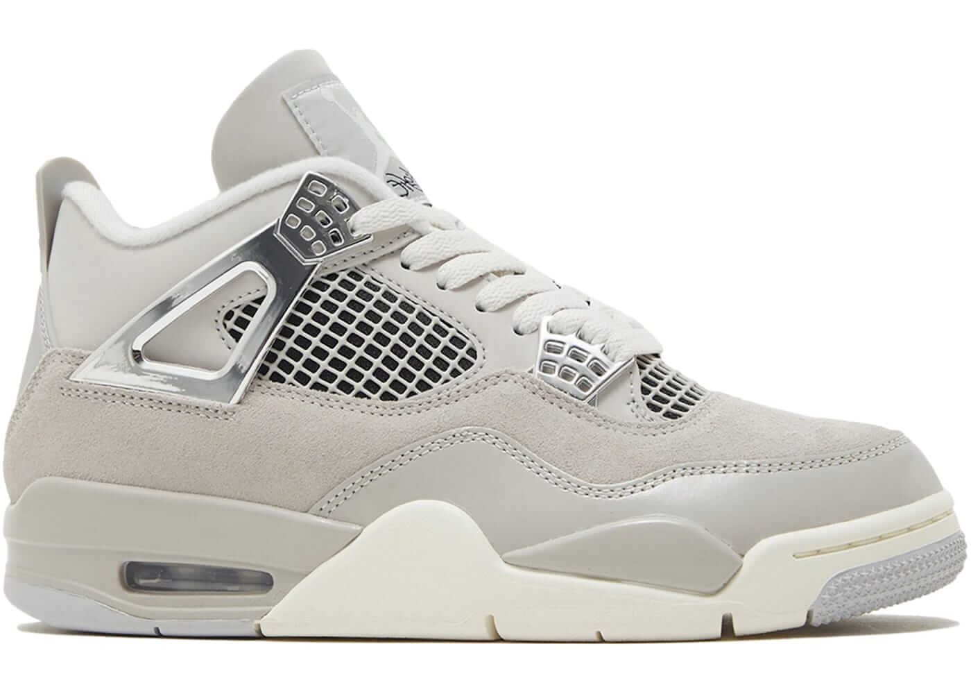 Jordan 4 Retro Frozen Moments women's sneaker in grey suede with mesh detailing, stylish and comfortable for casual wear.