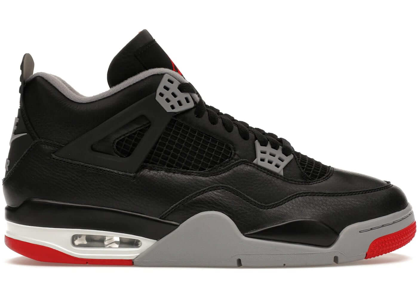 Jordan 4 Retro Bred Reimagined sneaker in black and red, featuring authentic design and air cushioning.