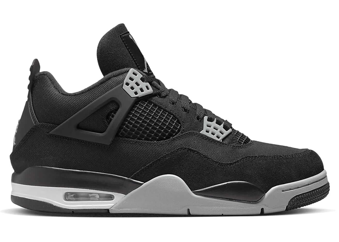 Jordan 4 Retro SE Black Canvas sneaker side view showcasing its sleek black design and stylish gray accents.