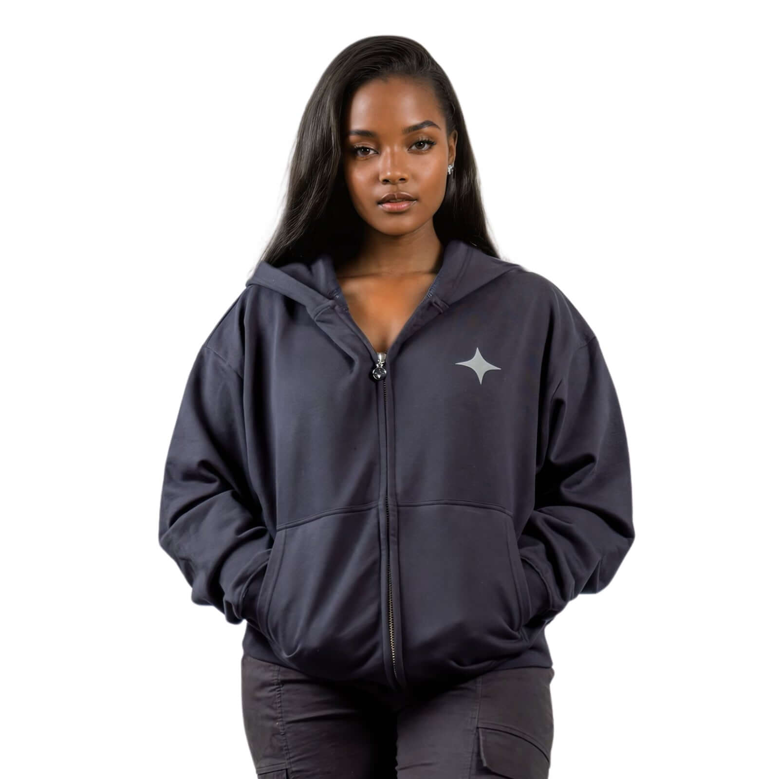 Woman wearing a Sanity Midnight Zip-Up hoodie in black with grey puff print and signature embroidery.