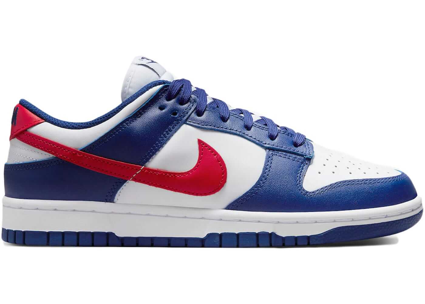 Nike Dunk Low USA for women in blue, red, and white colorway, featuring authentic design and next day express shipping.