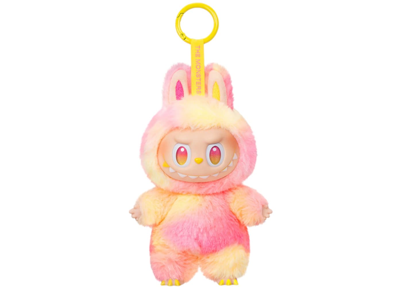 Pop Mart Labubu plush pendant with bunny ears in pink and yellow colors, featuring expressive eyes and soft texture.