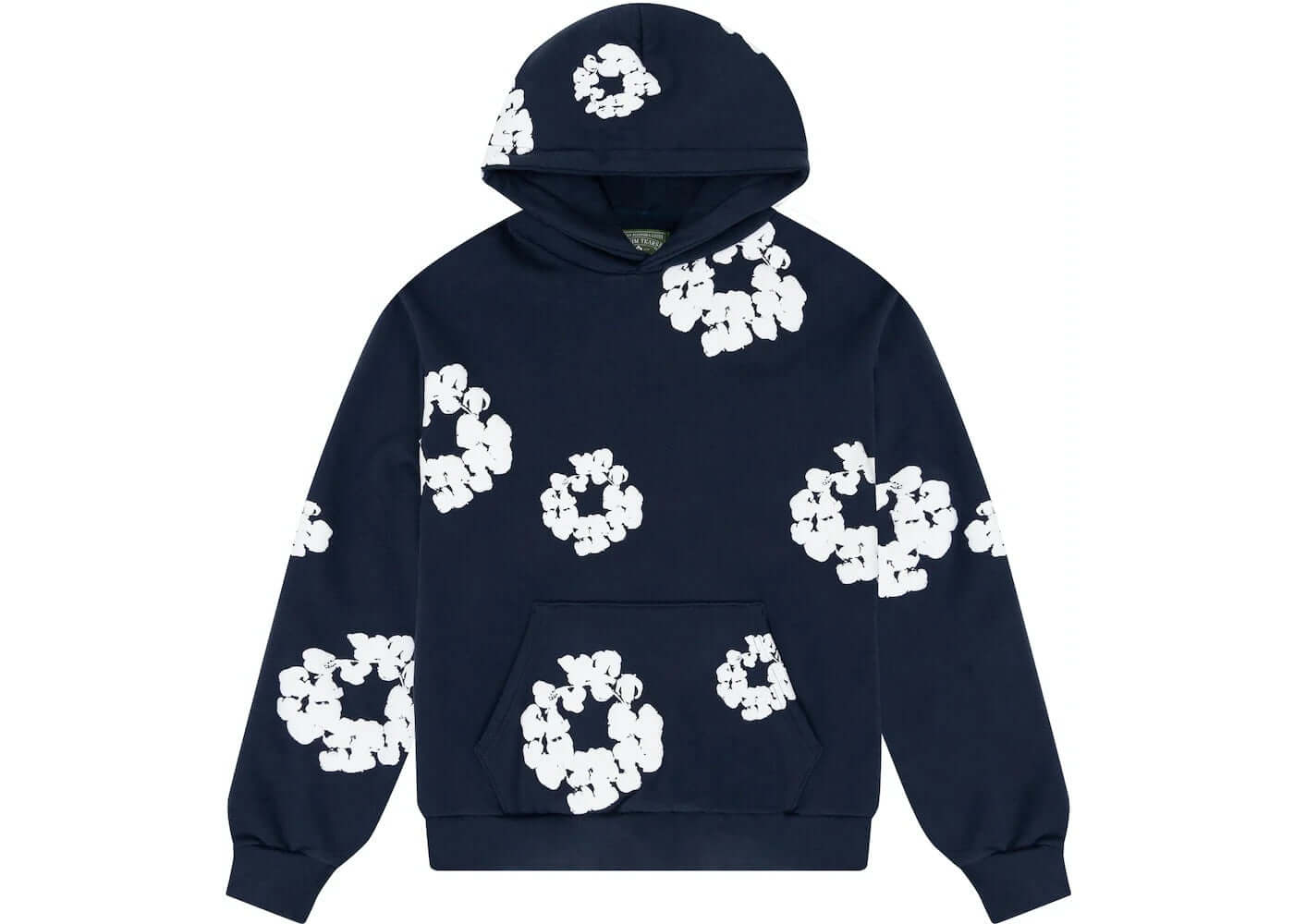 Denim Tears Cotton Wreath Sweatshirt in navy blue featuring white floral patterns, perfect for casual wear.