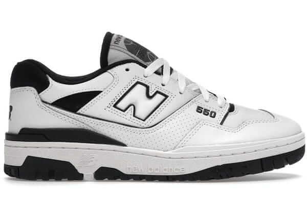 New Balance 550 sneakers in white and black, featuring classic design and premium materials.