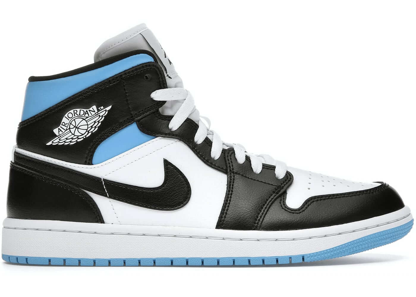 Jordan 1 Mid University Blue women's sneakers featuring black, white, and university blue colorway.
