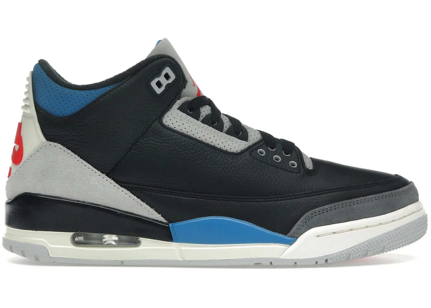 Jordan 3 Retro OG Rare Air sneaker in black, grey, and blue, showcasing iconic design and style.