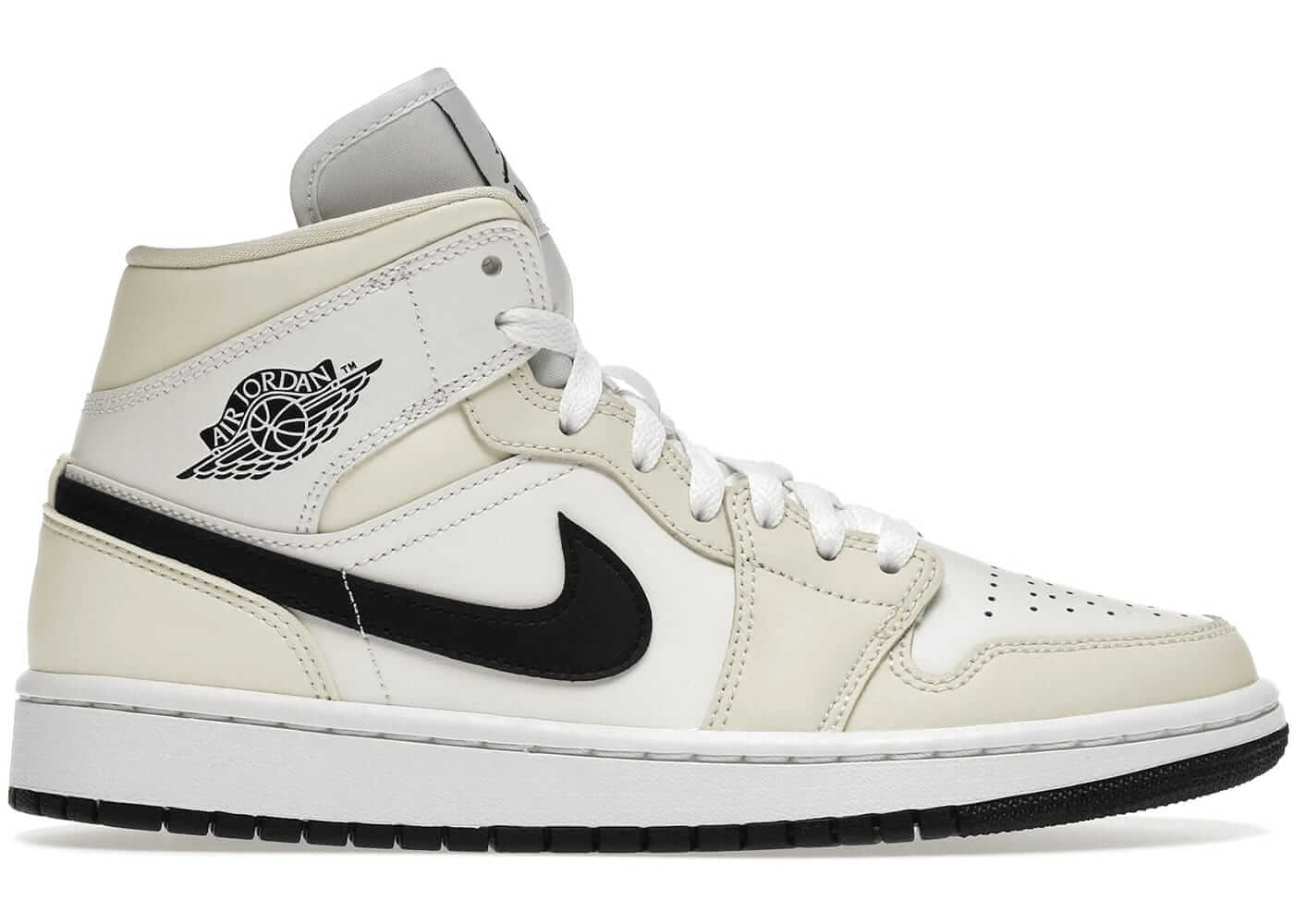 Jordan 1 Mid Coconut Milk Women's sneakers in white and black, 100% authentic, available with next day express shipping.