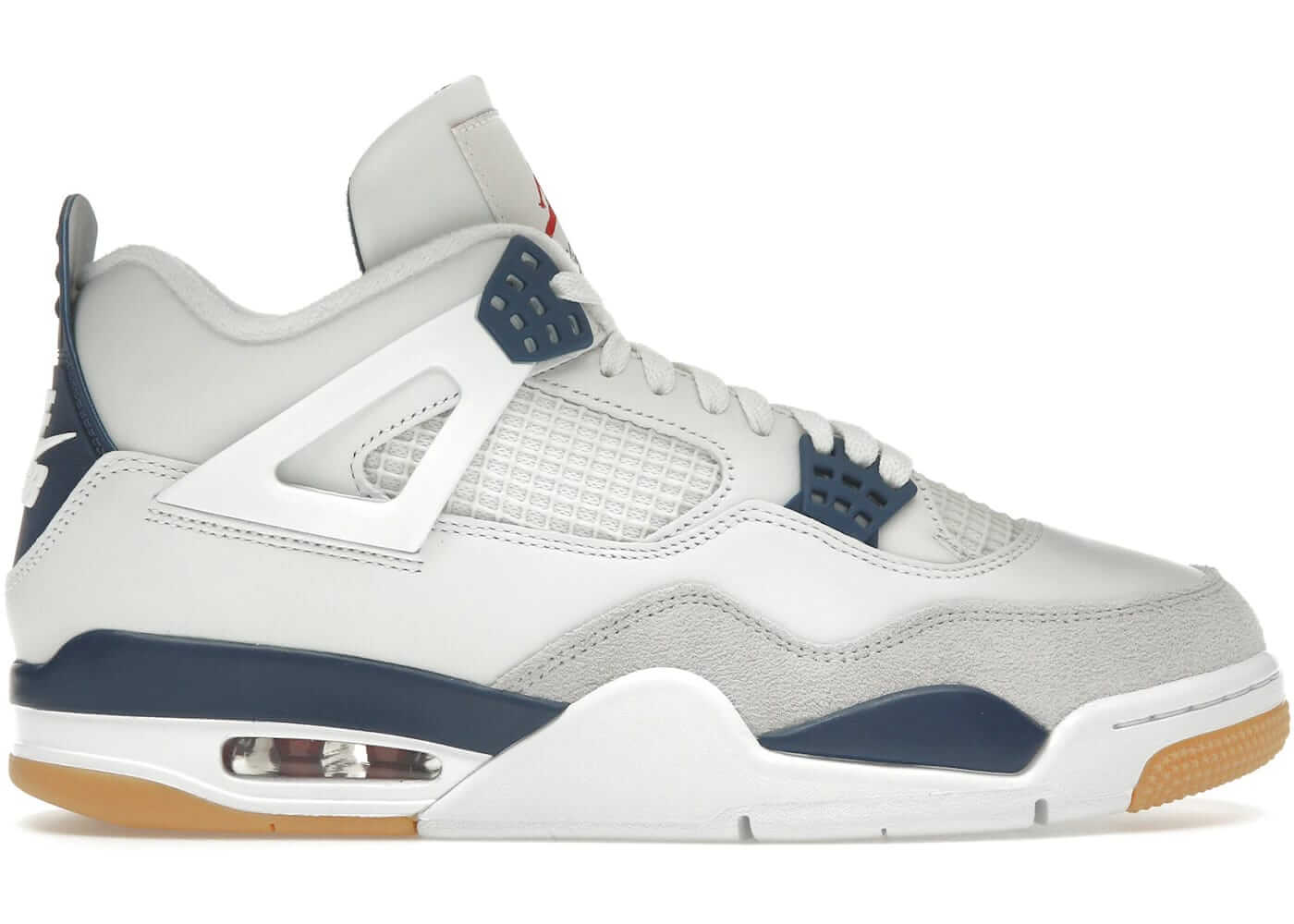 Jordan 4 Retro SB Navy sneakers, featuring a grey upper with navy and white accents, perfect for stylish performance.