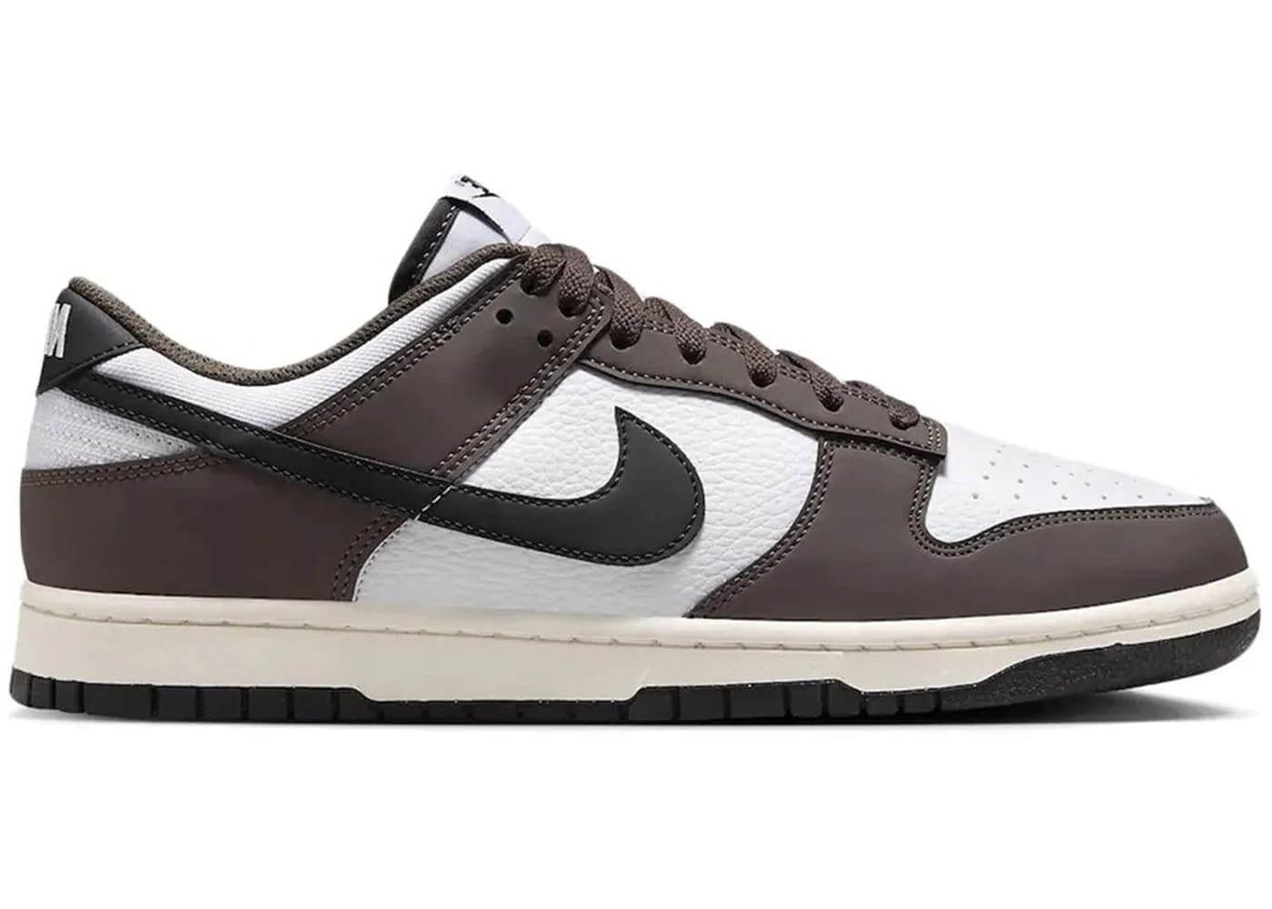 Nike Dunk Low Next Nature Baroque Brown sneaker side view, featuring a mix of brown and white colorways, authentic design.
