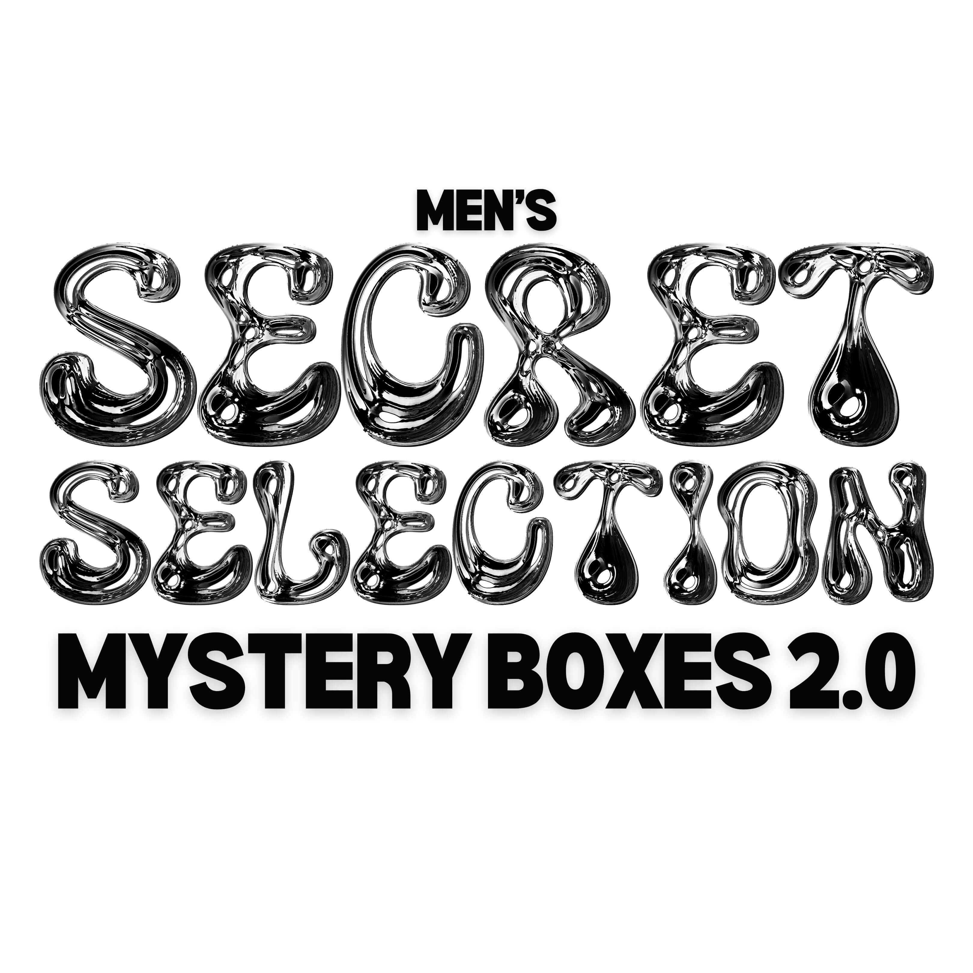 Men's Secret Selection Mystery Boxes 2.0 logo with playful 3D typography design.