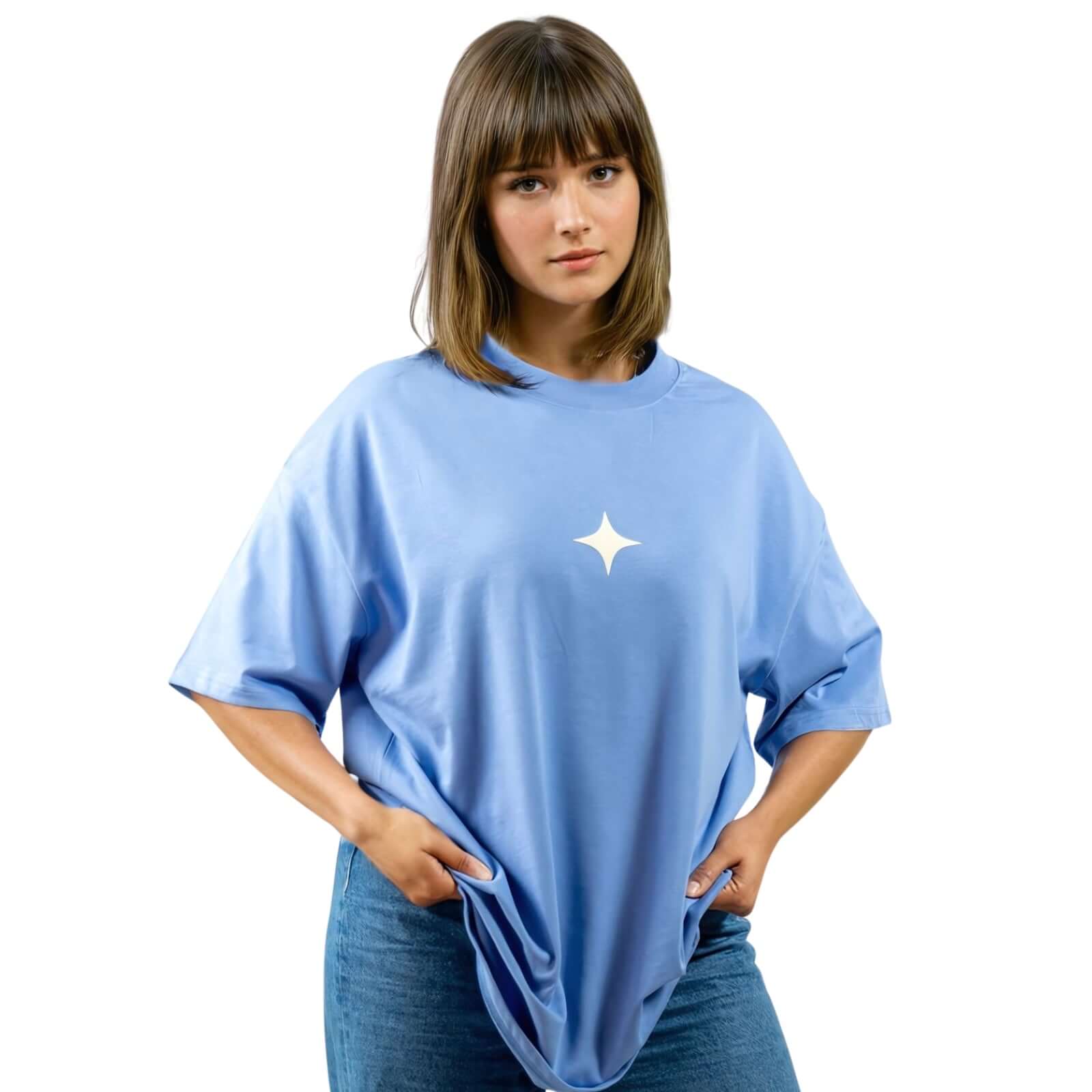 Sanity Ocean Tee in sky blue with white print, featuring oversized fit and signature embroidery.